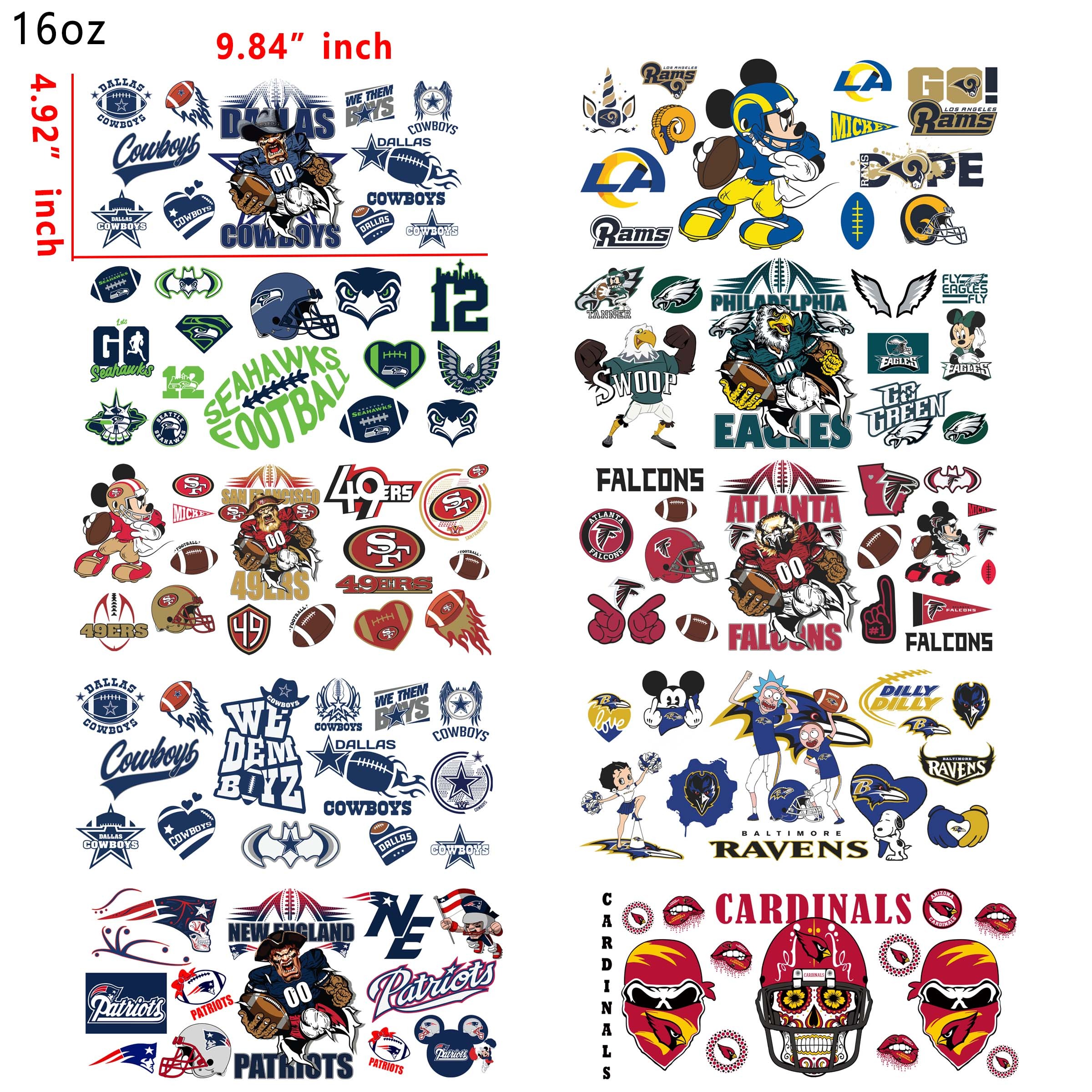 (U17) 20 PCS NFL football team mixed   UV DTF Cup wraps 16OZ tumbler water proof