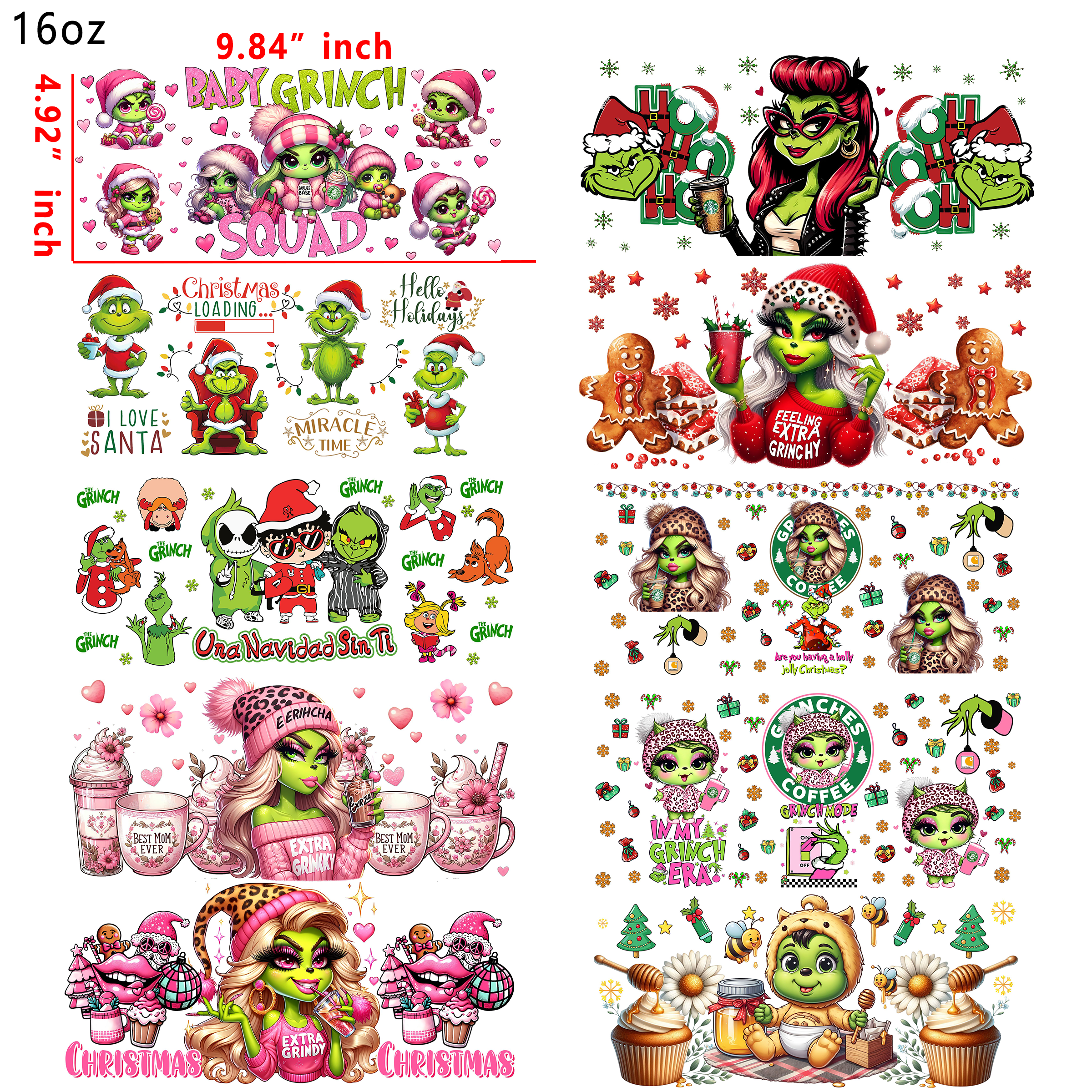 (U19) 20 PCS Grinch girl Christmas mixed  UV DTF Cup wraps 16OZ tumbler water proof