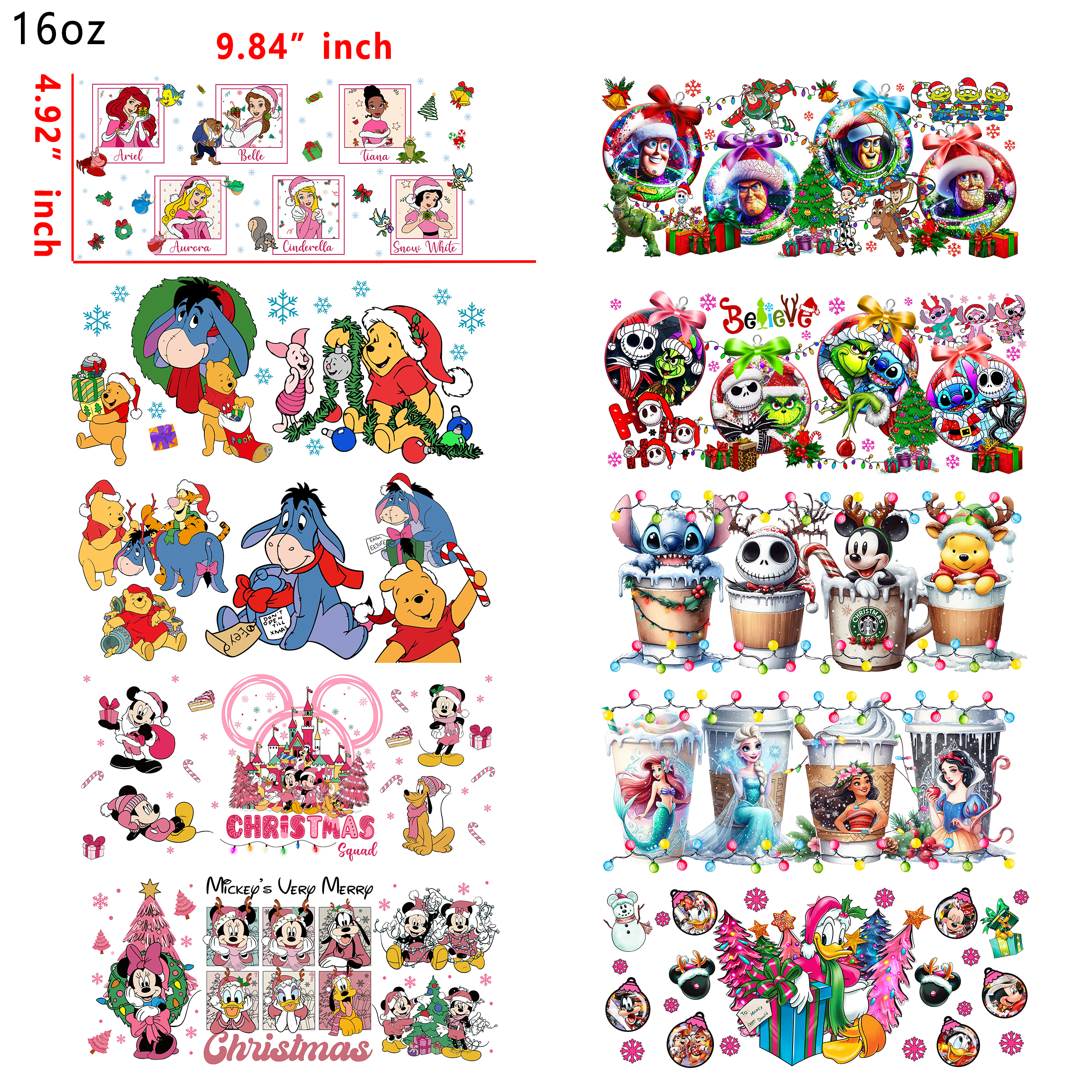 (U18) 20 PCS Disney Christmas mixed  UV DTF Cup wraps 16OZ tumbler water proof