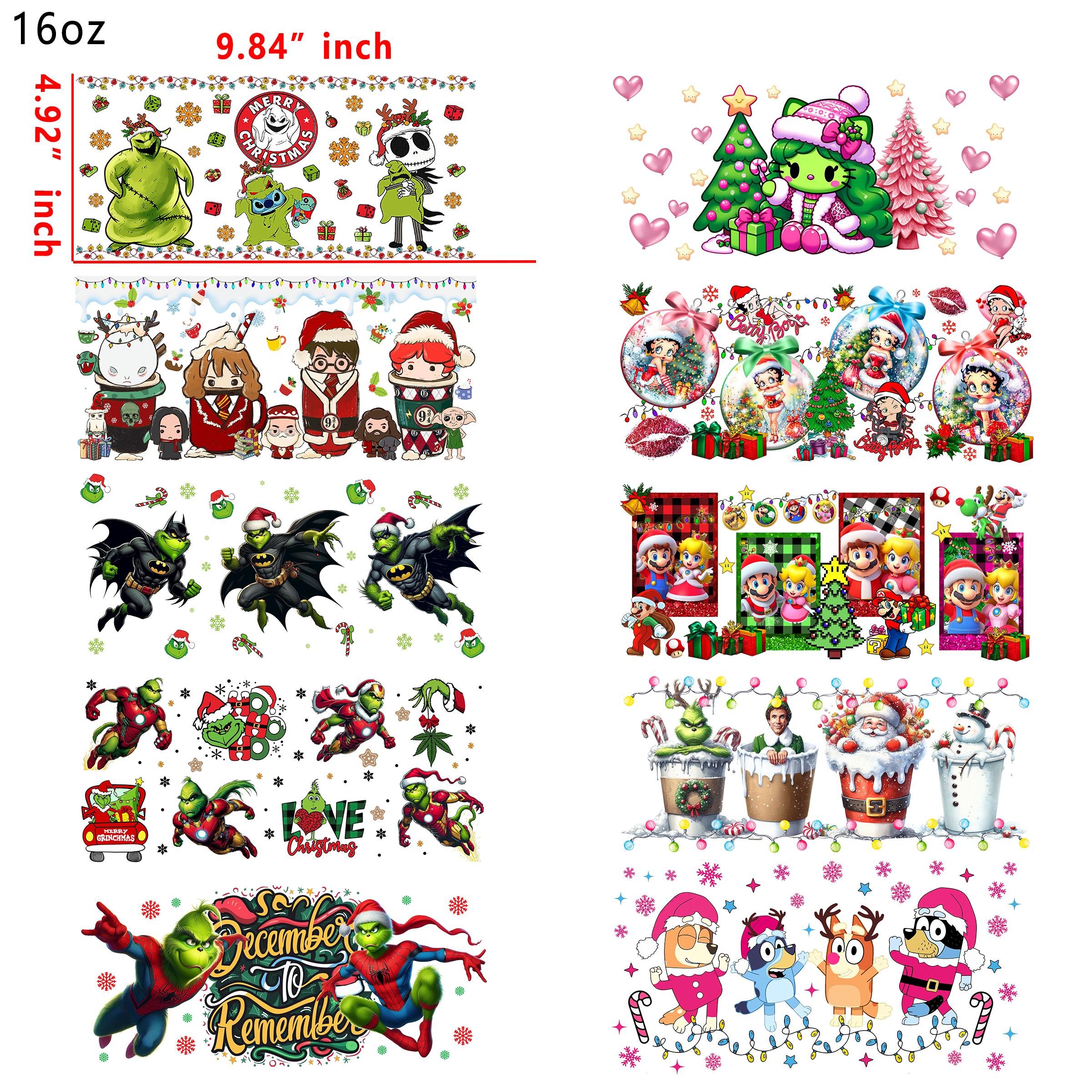 (U20) 20 PCS Santa  cartoon Christmas mixed  UV DTF Cup wraps 16OZ tumbler water proof