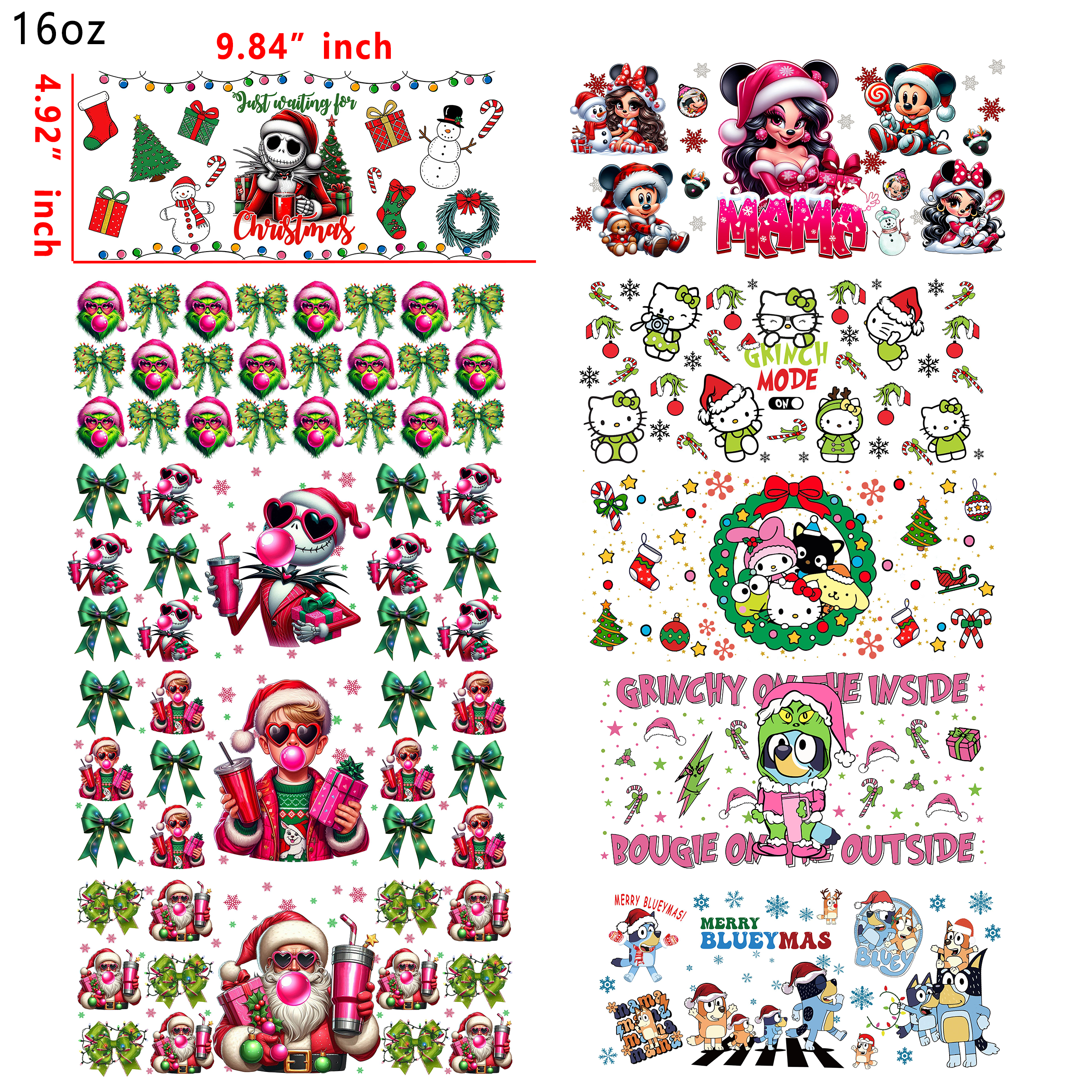 (U20) 20 PCS Santa  cartoon Christmas mixed  UV DTF Cup wraps 16OZ tumbler water proof
