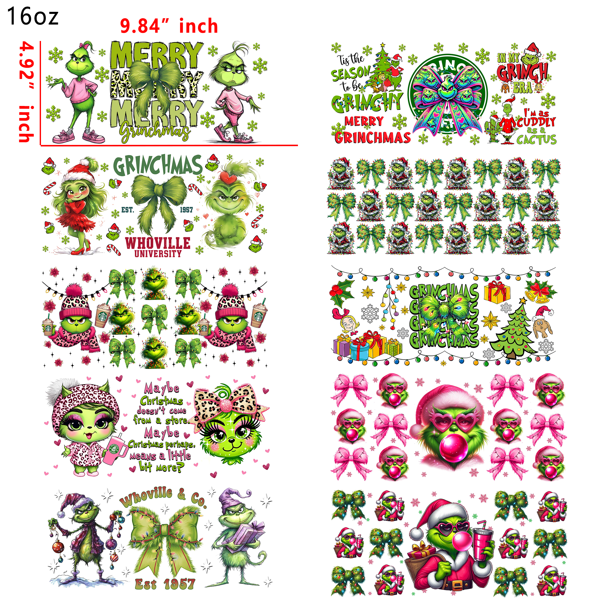 (U19) 20 PCS Grinch girl Christmas mixed  UV DTF Cup wraps 16OZ tumbler water proof