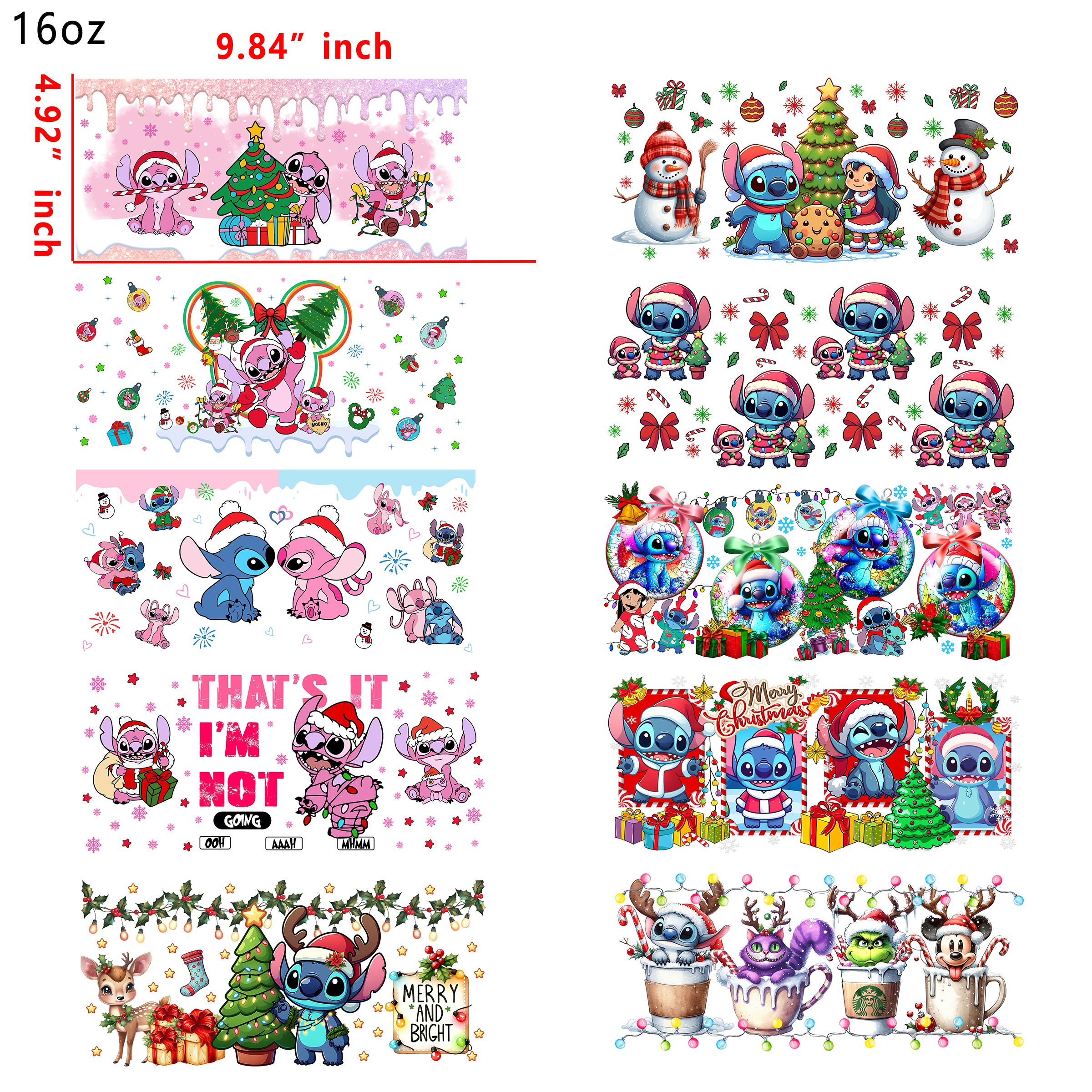 (U21) 20 PCS Stitch Christmas mixed  UV DTF Cup wraps 16OZ tumbler water proof