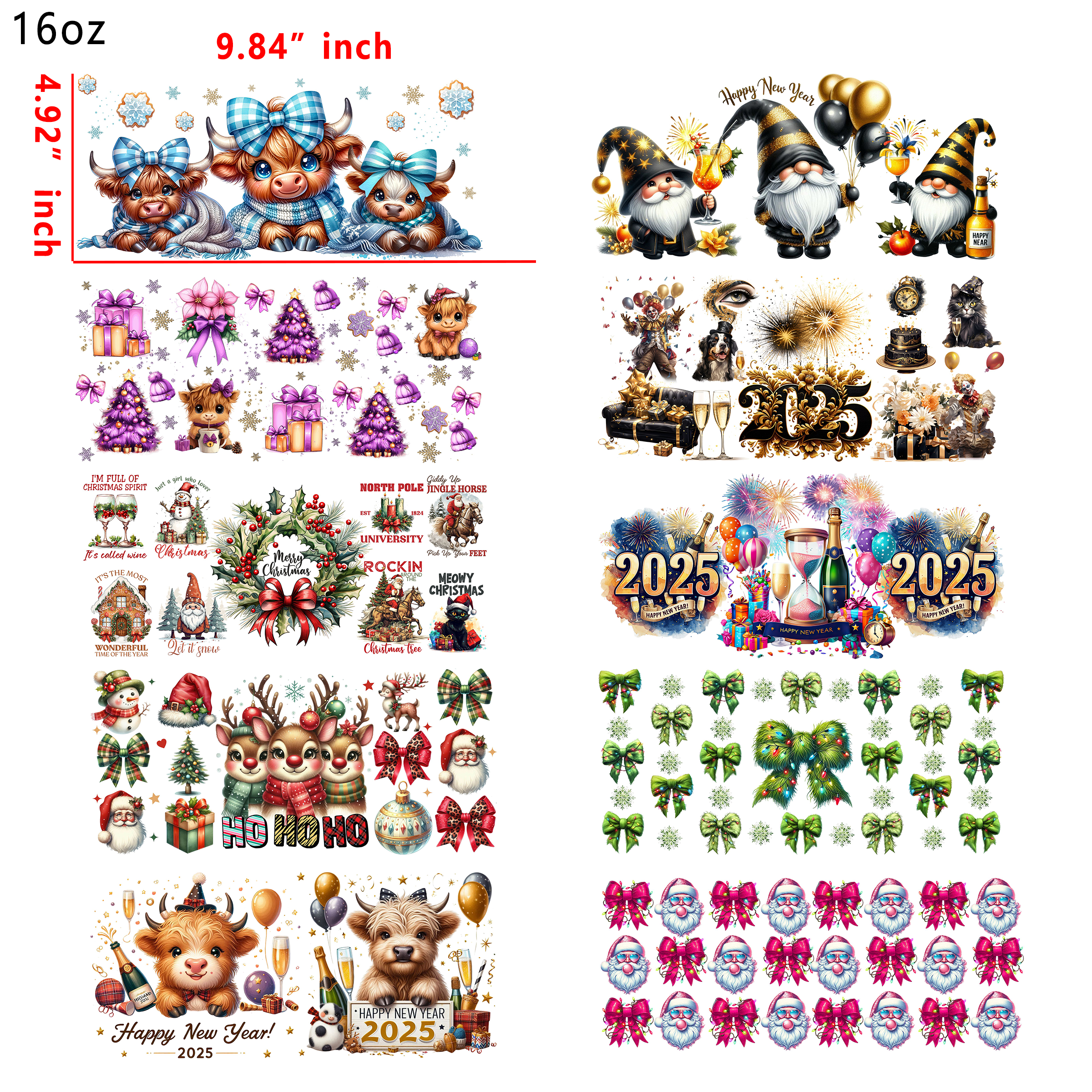 (U22) 20 PCS 2025 new year  Christmas mixed  UV DTF Cup wraps 16OZ tumbler water proof