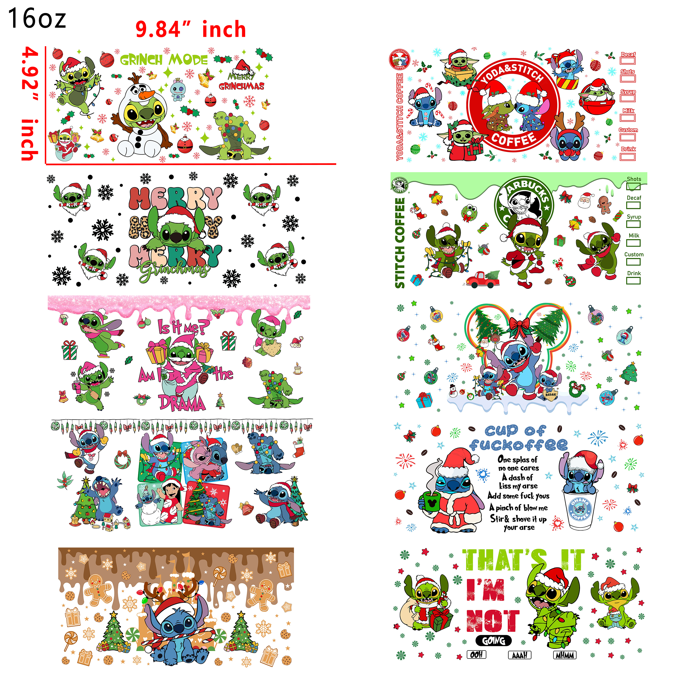 (U21) 20 PCS Stitch Christmas mixed  UV DTF Cup wraps 16OZ tumbler water proof