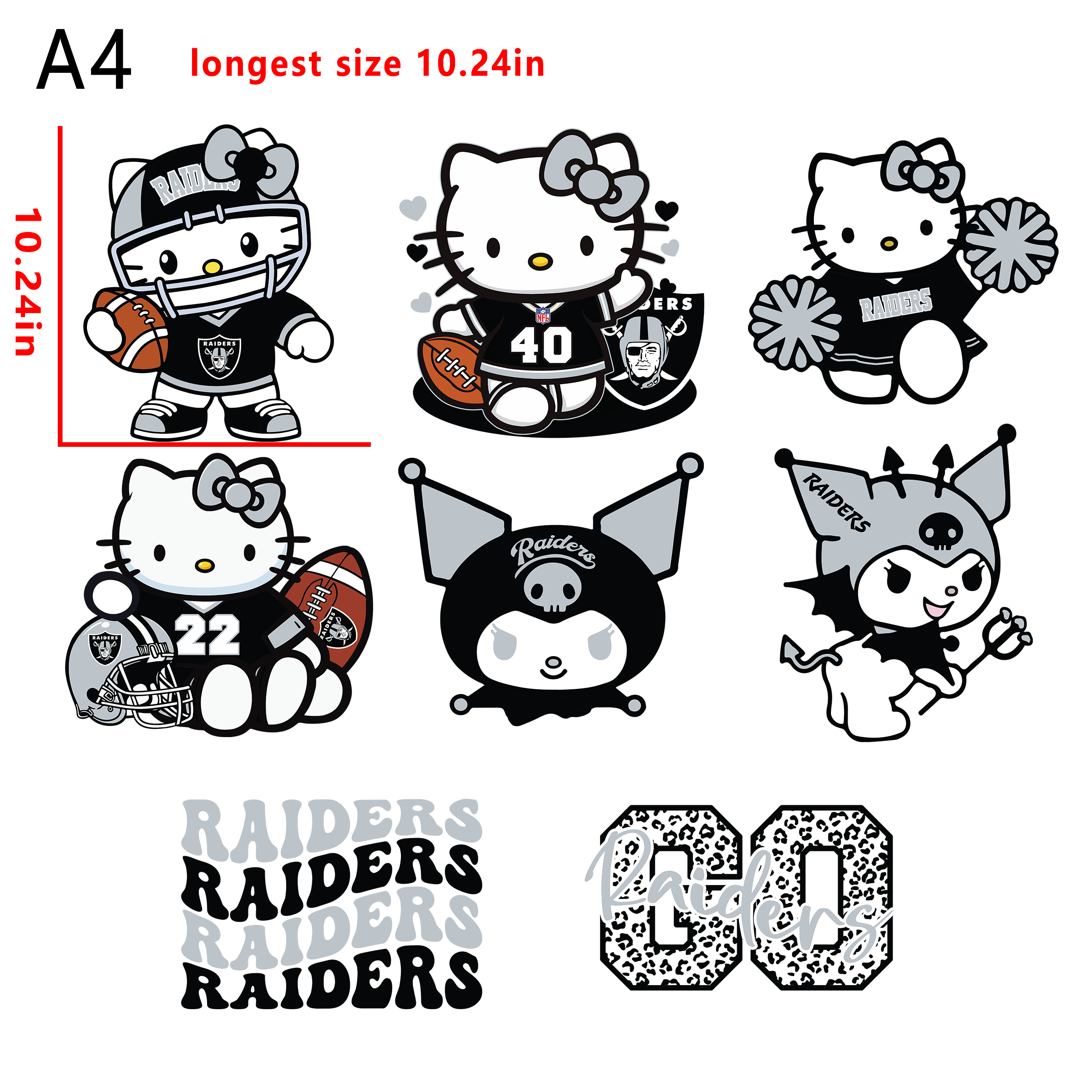 (A19) NFL  Raiders Hello Kitty Kuromi  Football team bundle DTF heat transfer vinyl for T-shirt hoodies fabrics