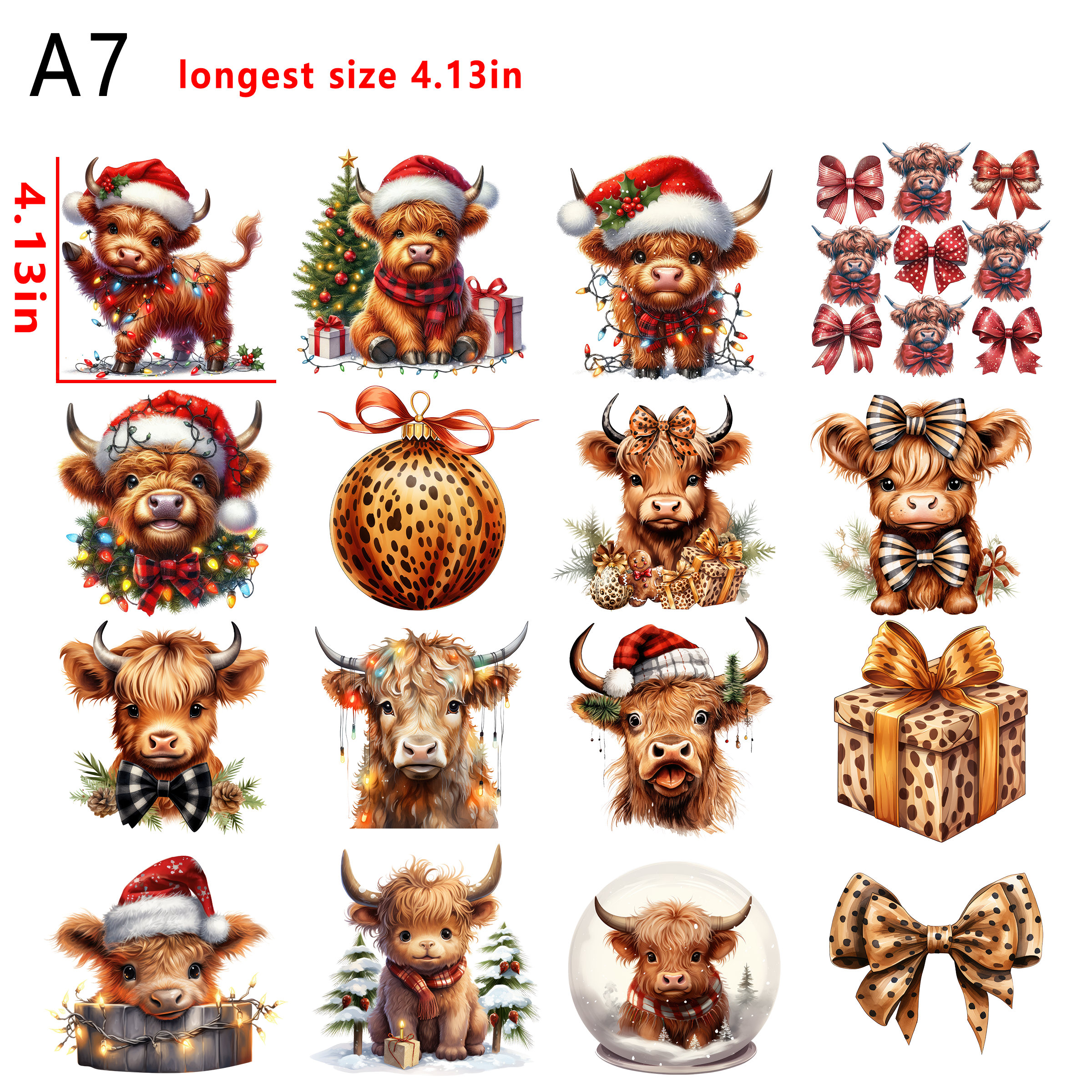 (A21) Christmas highland cow  bundle DTF heat transfer vinyl for T-shirt hoodies fabrics