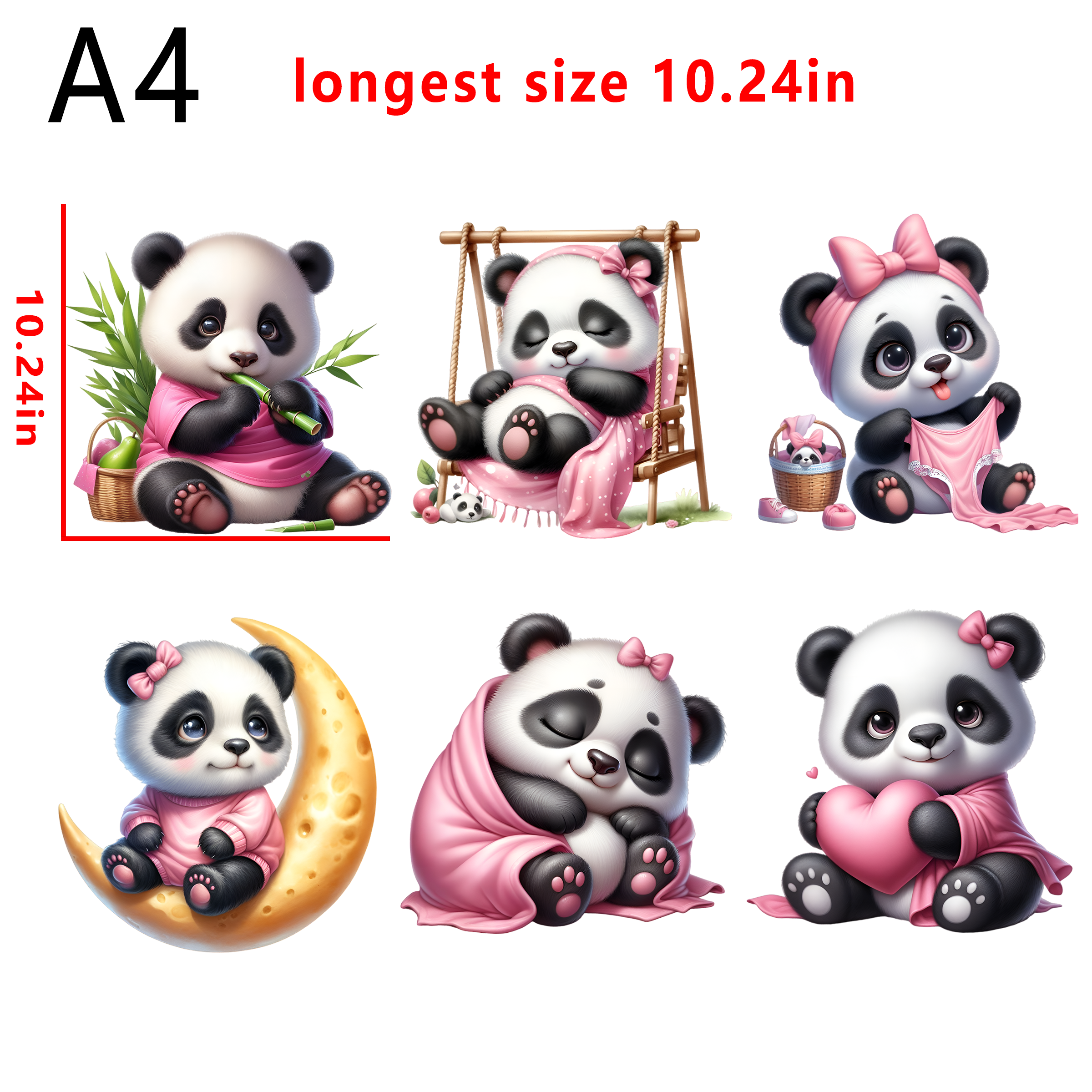6 PCS Cute Panda  bundle DTF heat transfer vinyl for T-shirt hoodies fabrics