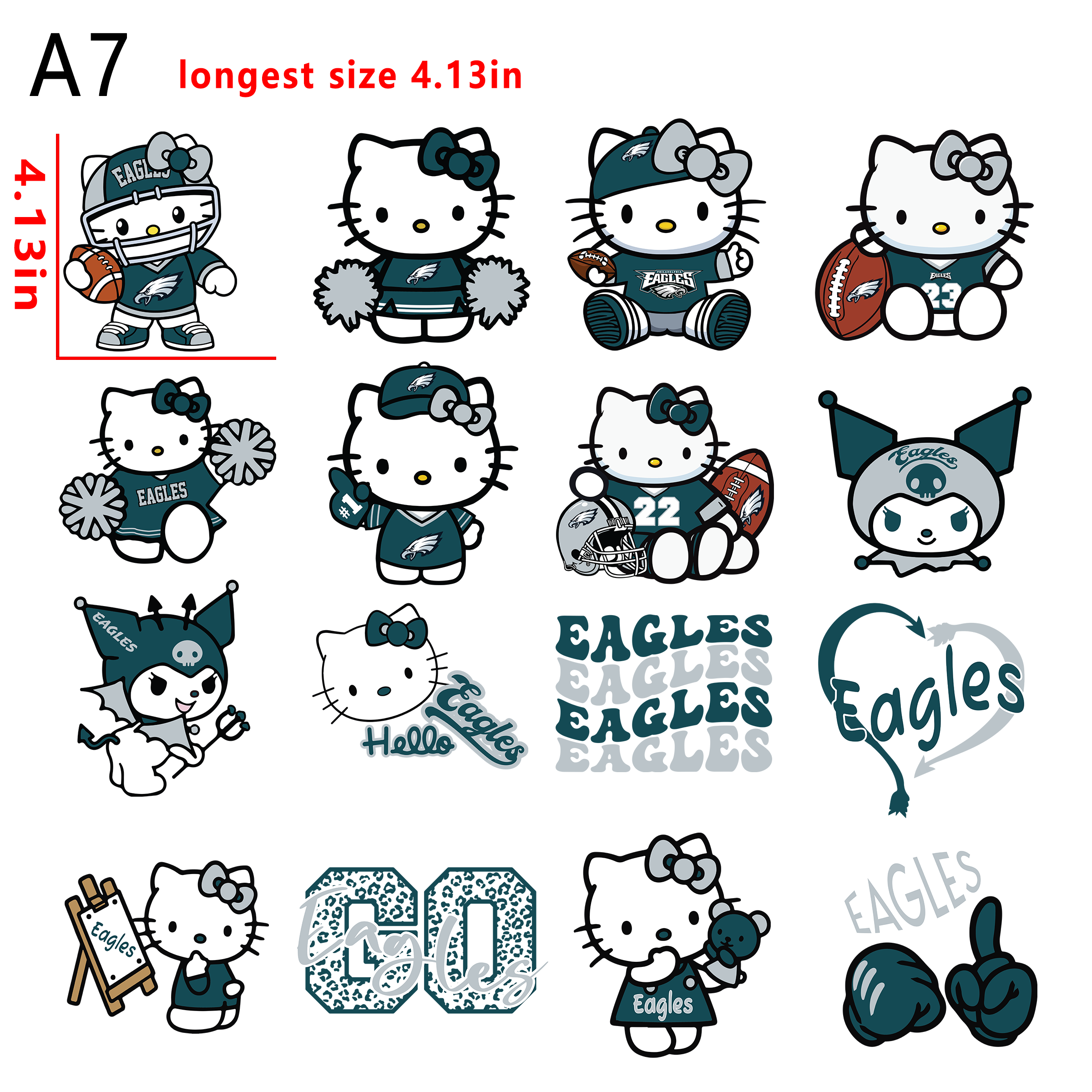 (A16) NFL  Philadelphia Eagles hello kitty kuromi  Football team bundle DTF heat transfer vinyl for T-shirt hoodies fabrics