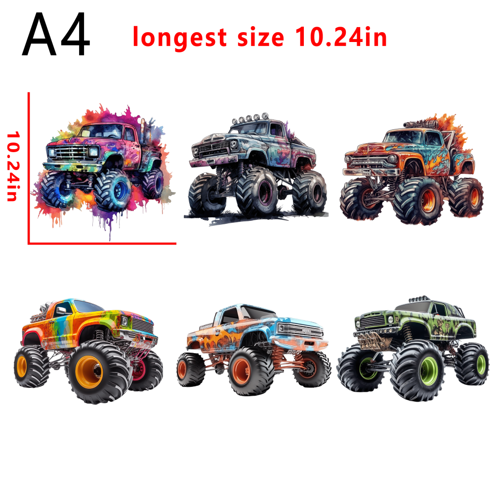 6 PCS Monster Trucks cars  bundle DTF heat transfer vinyl for T-shirt hoodies fabrics