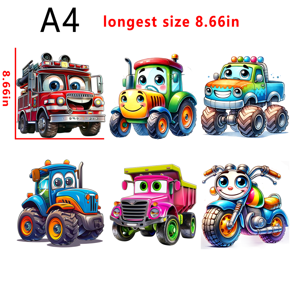 6 PCS cute cars kid size cartoon  cars bundle DTF heat transfer vinyl for T-shirt hoodies fabrics