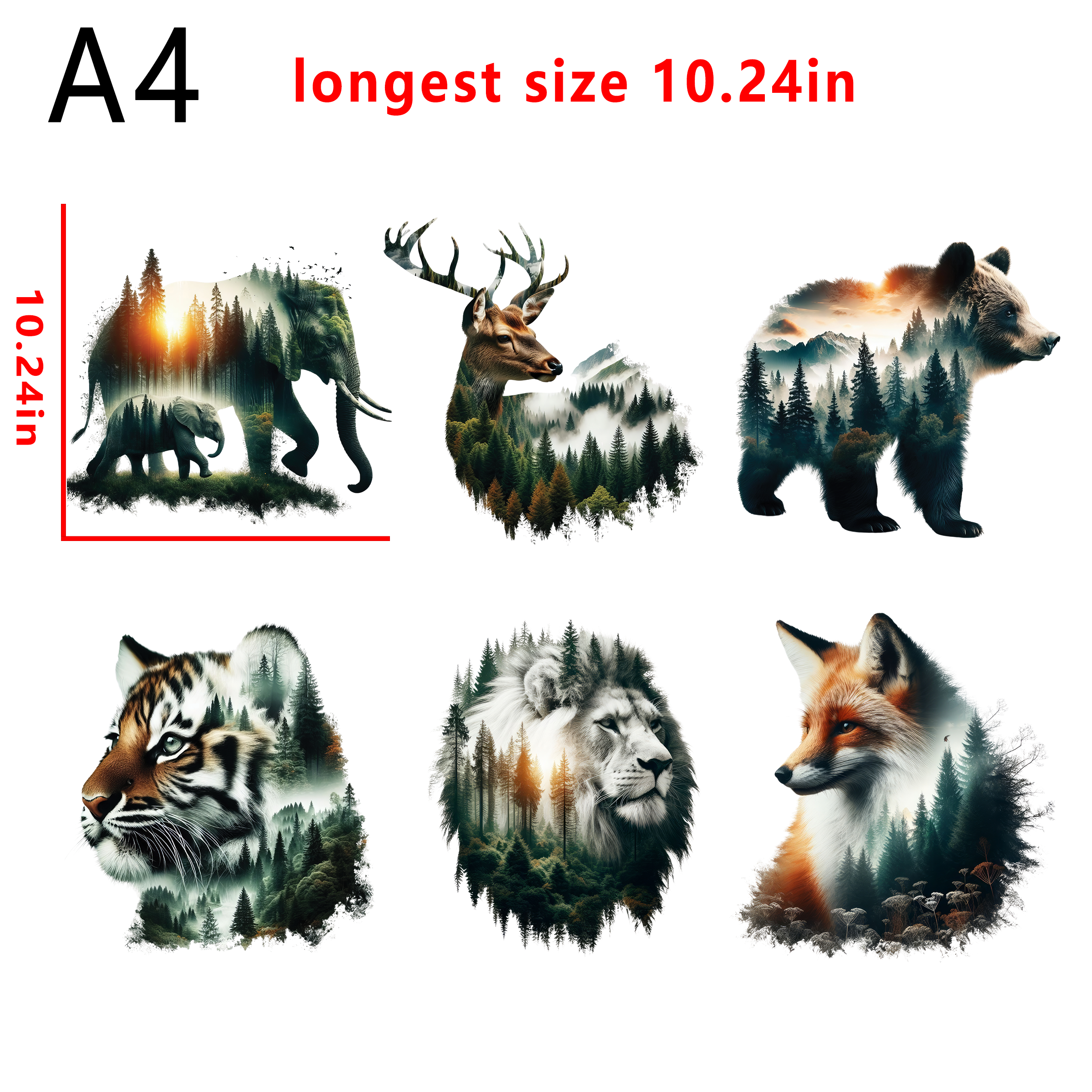 6 PCS Wild Animals Forest  bundle DTF heat transfer vinyl for T-shirt hoodies fabrics