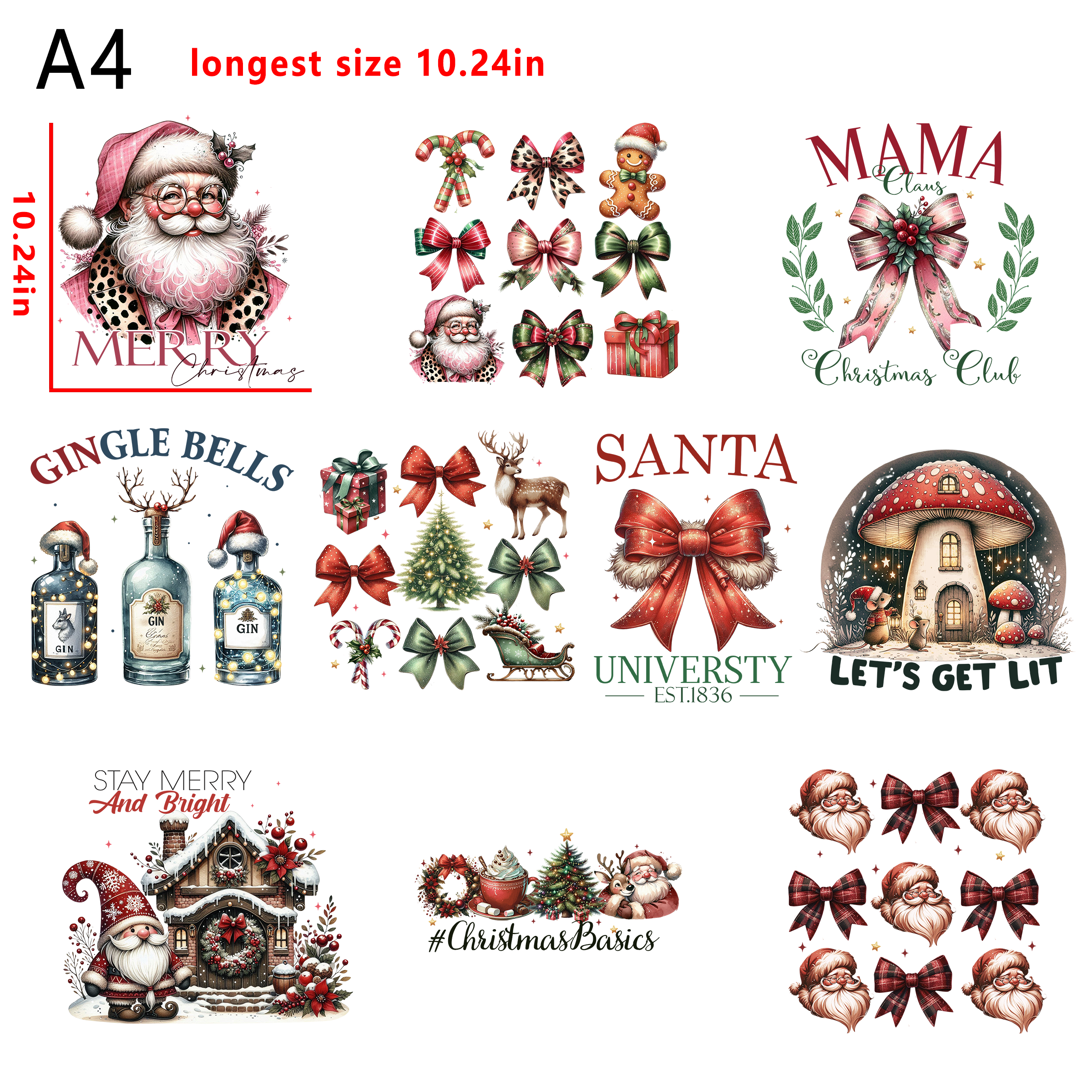 (A23) Santa Reindeer  bow Christmas  bundle DTF heat transfer vinyl for T-shirt hoodies fabrics