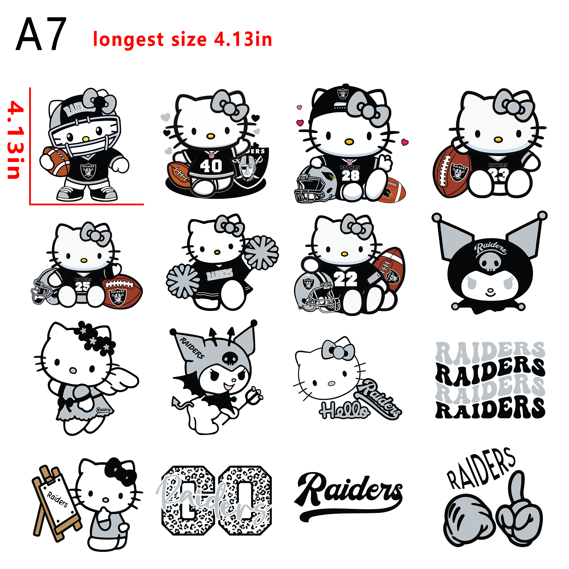 (A19) NFL  Raiders Hello Kitty Kuromi  Football team bundle DTF heat transfer vinyl for T-shirt hoodies fabrics