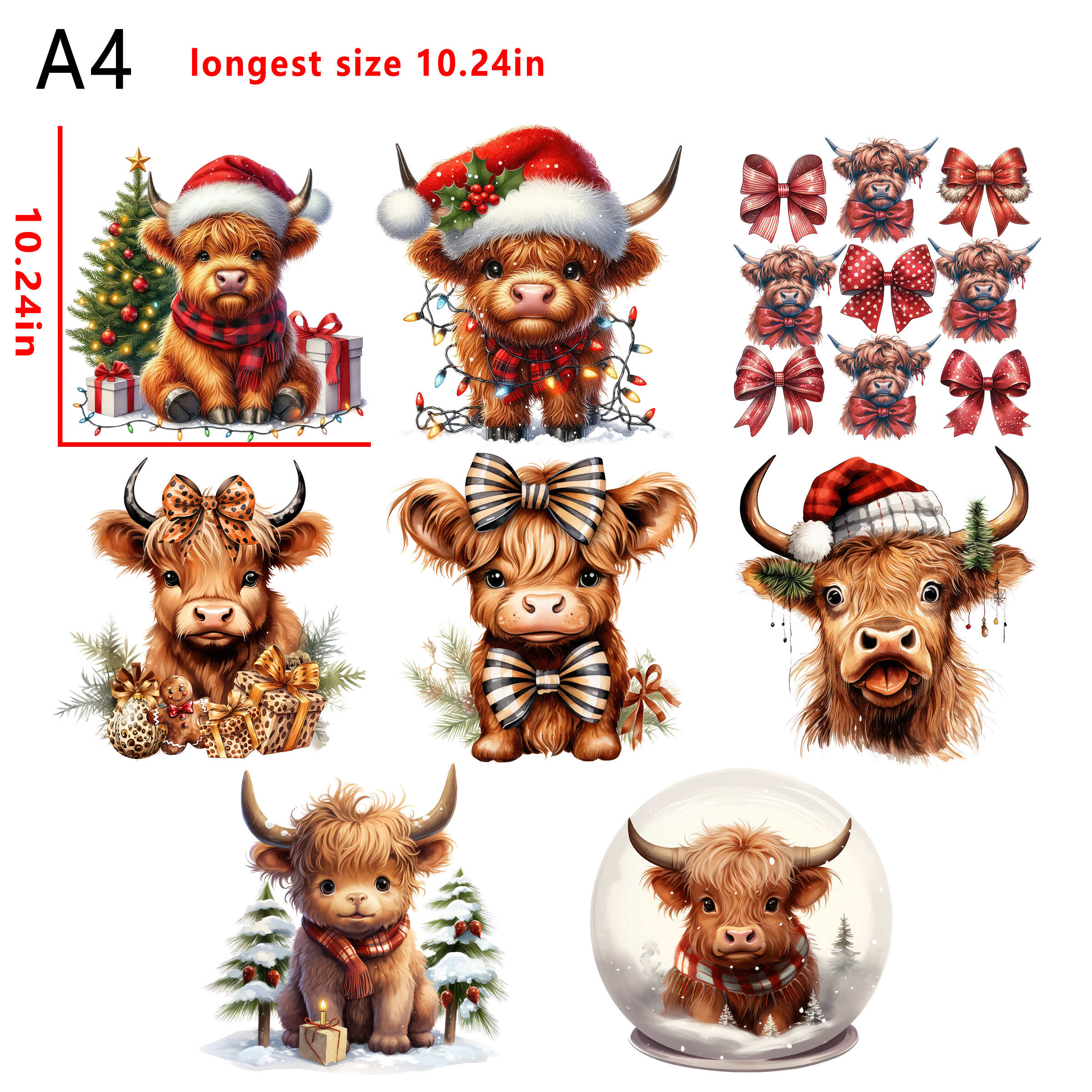 (A21) Christmas highland cow  bundle DTF heat transfer vinyl for T-shirt hoodies fabrics