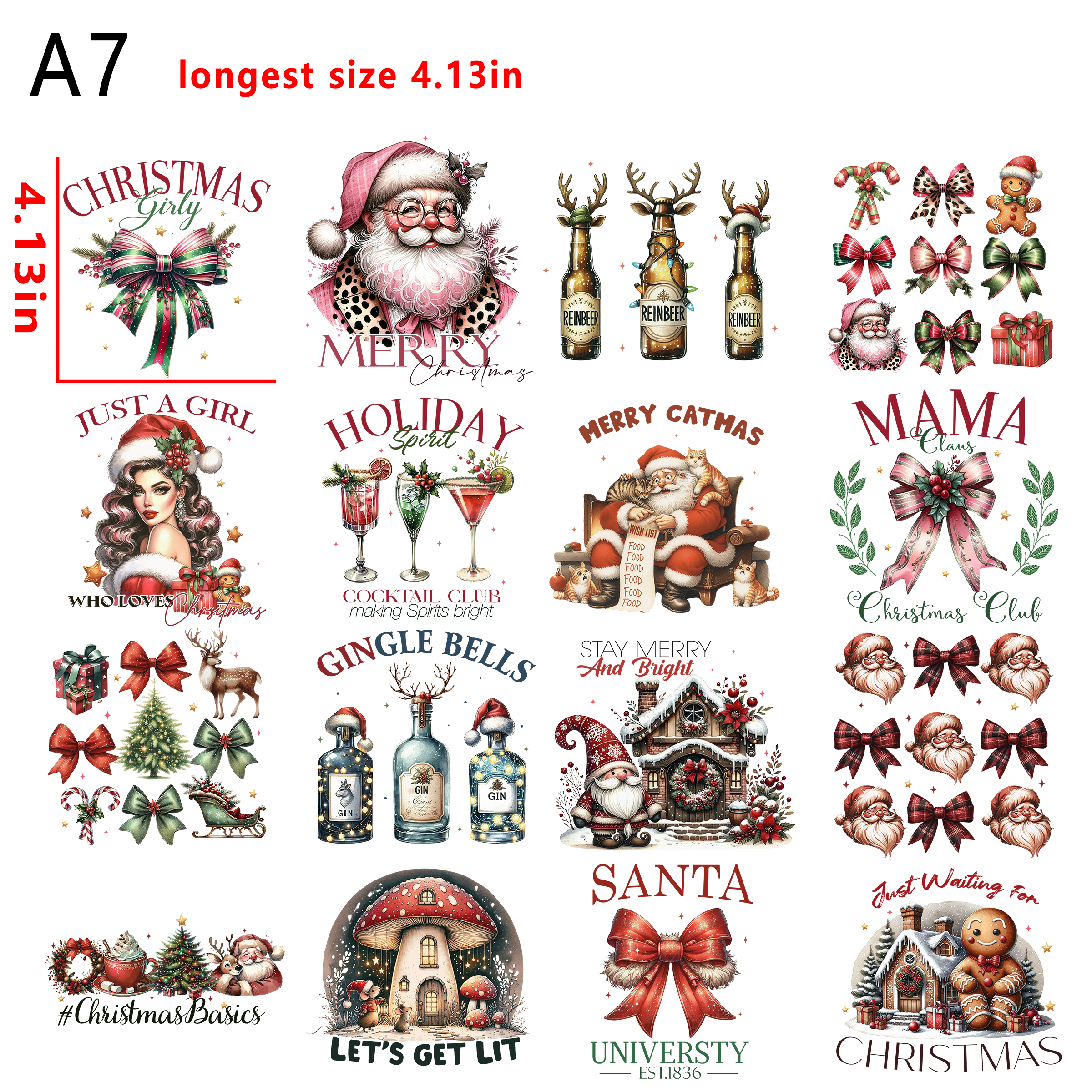 (A23) Santa Reindeer  bow Christmas  bundle DTF heat transfer vinyl for T-shirt hoodies fabrics