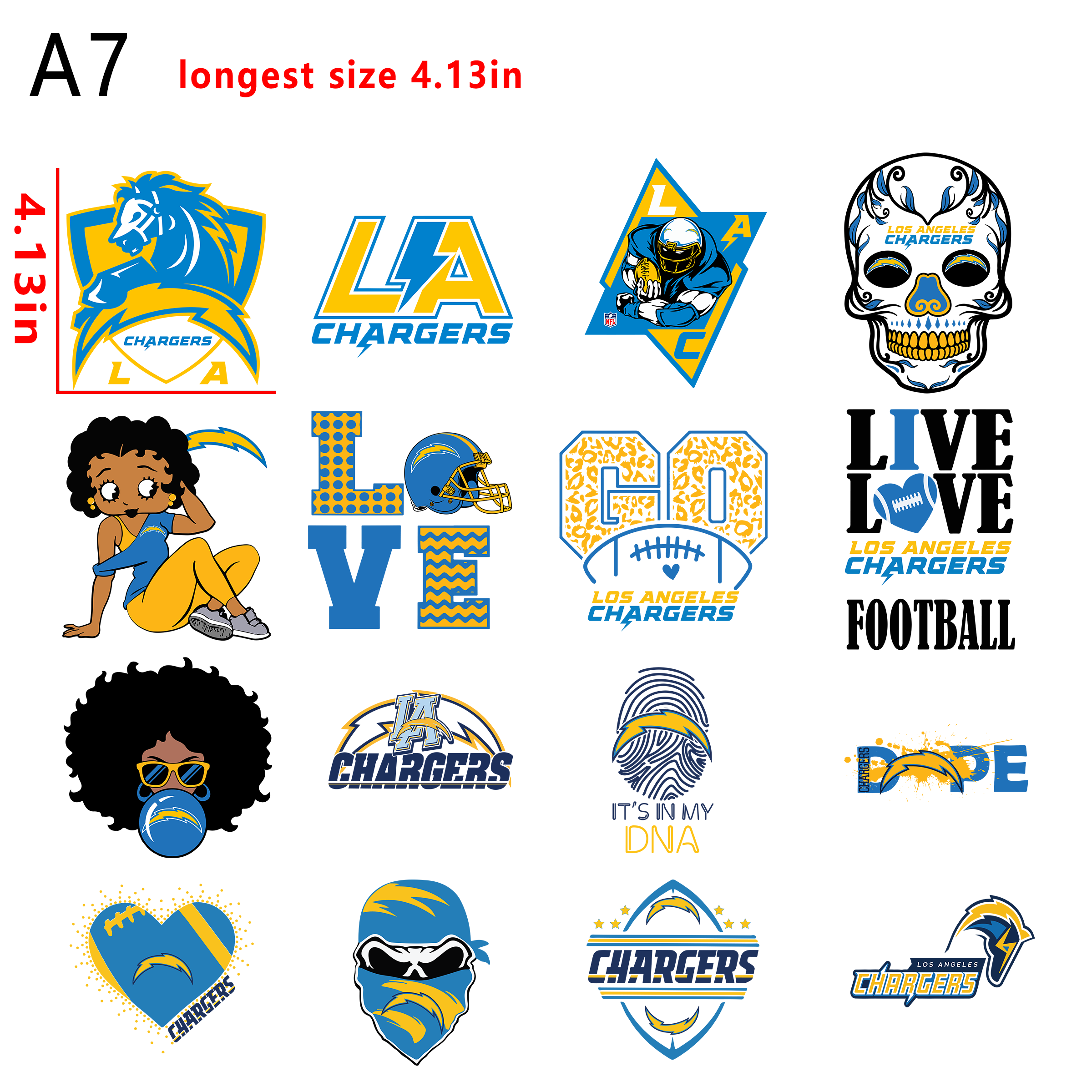 (A17) NFL  Los Angeles Chargers   Football team bundle DTF heat transfer vinyl for T-shirt hoodies fabrics