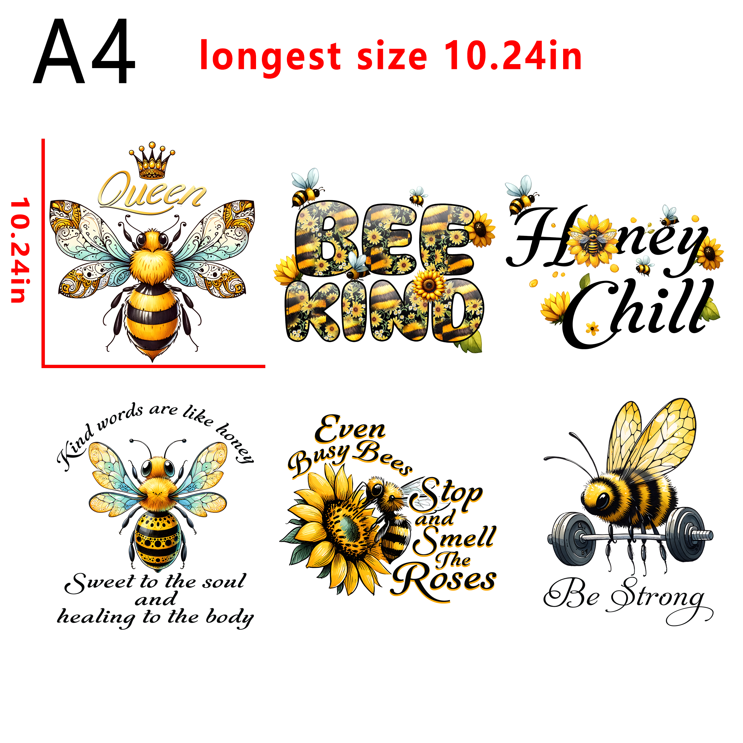 6 PCS Bumble Bee insect bundle DTF heat transfer vinyl for T-shirt hoodies fabrics