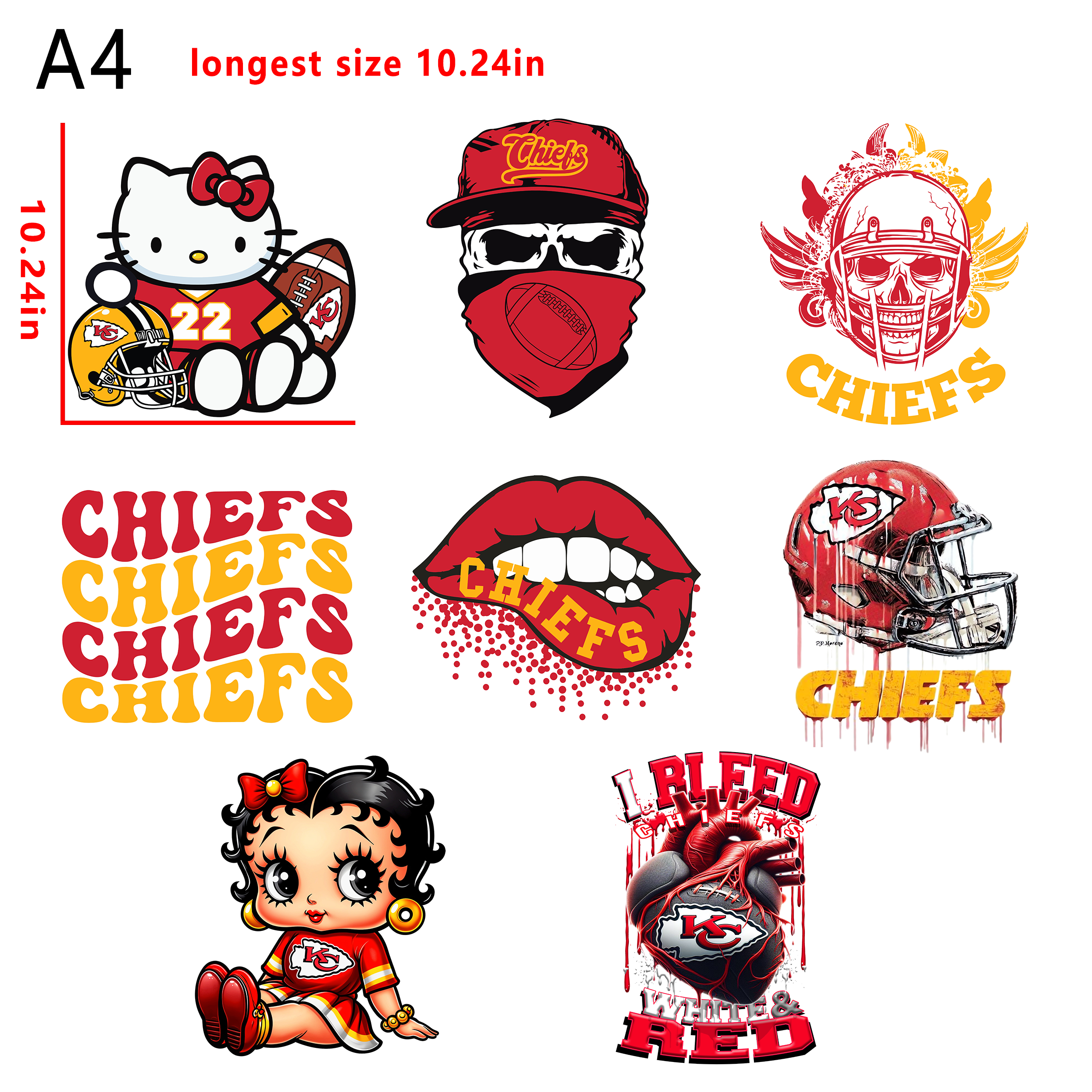 (C10) NFL  Chiefs Hello Kitty Kuromi  Football team bundle DTF heat transfer vinyl for T-shirt hoodies fabrics