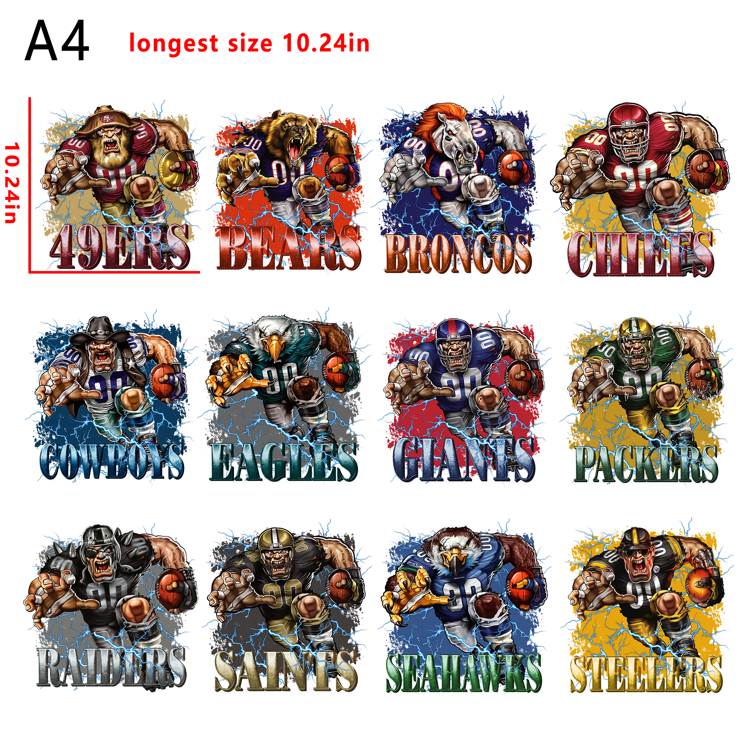 (D25)12 PCS  NFL Football team Mixed bundle DTF heat transfer vinyl for T-shirt hoodies fabrics