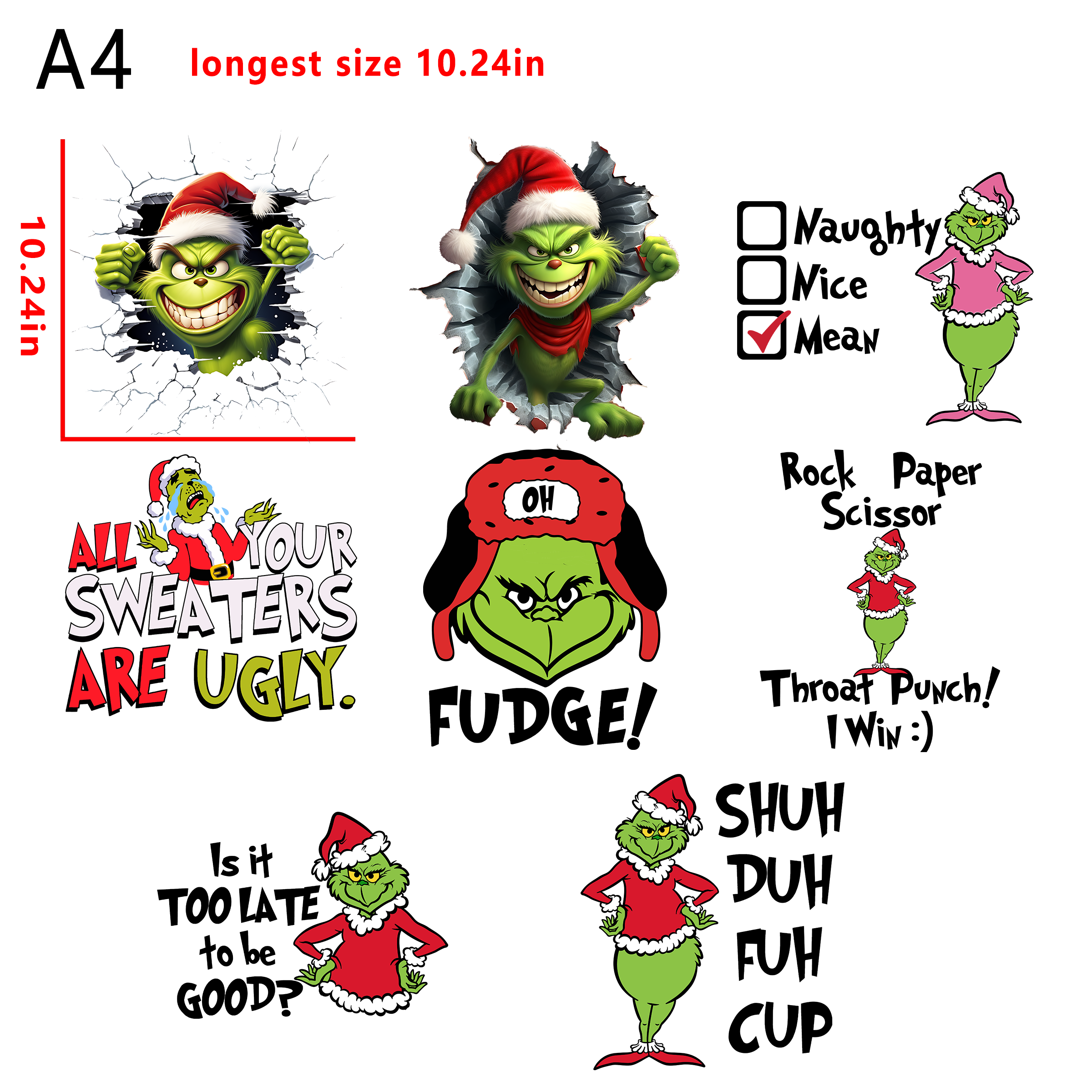 (A30) Naughty Grinch Christmas  bundle DTF heat transfer vinyl for T-shirt hoodies fabrics