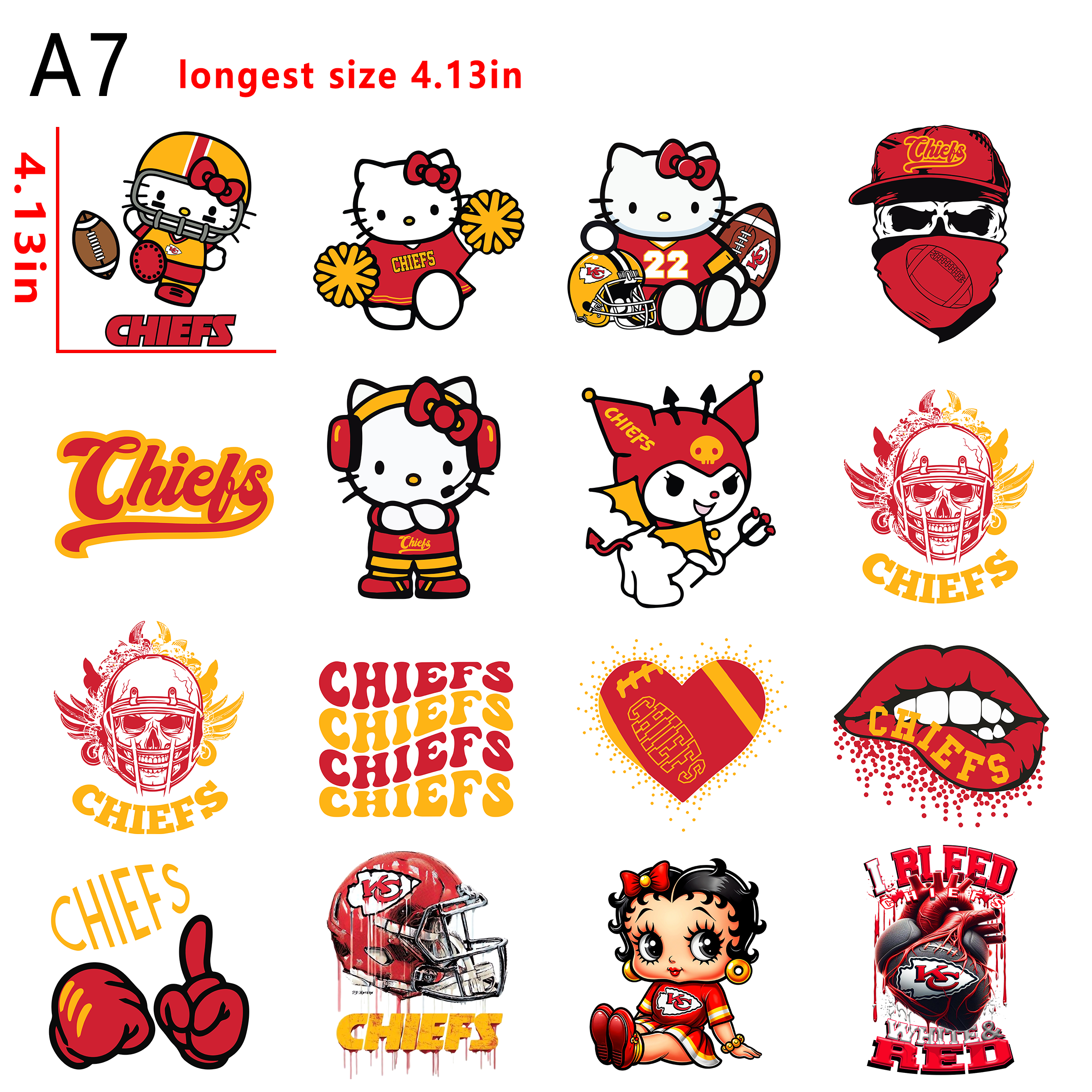 (C10) NFL  Chiefs Hello Kitty Kuromi  Football team bundle DTF heat transfer vinyl for T-shirt hoodies fabrics