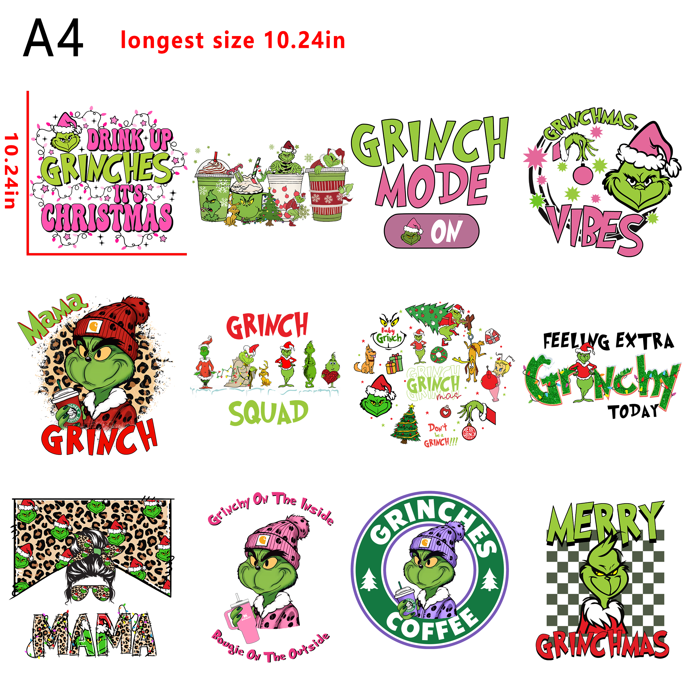 (A29) 12 PCS  Grinch Christmas  bundle DTF heat transfer vinyl for T-shirt hoodies fabrics