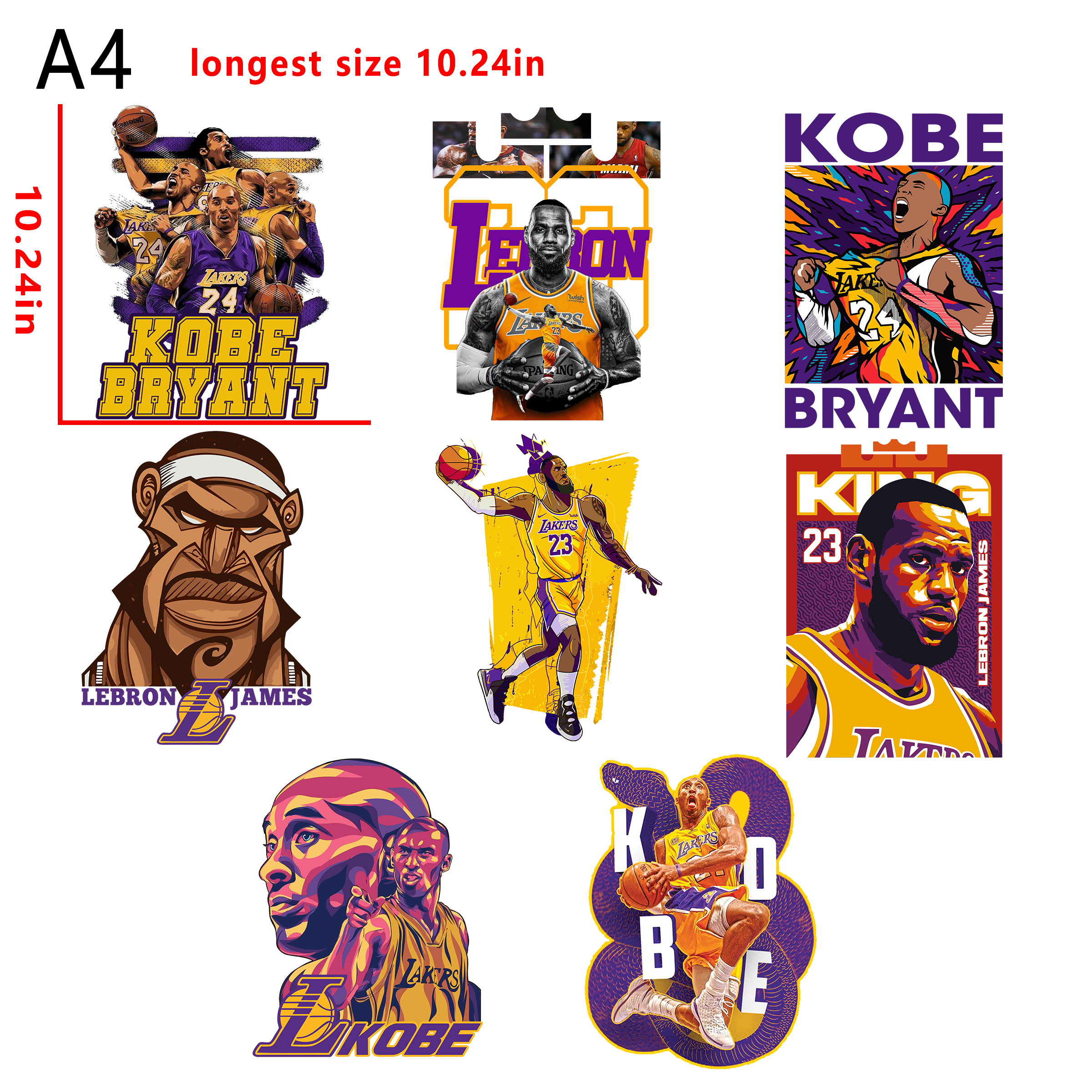 (D52) NBA Lakers Kobe  Bryant Libron James bundle DTF heat transfer vinyl for T-shirt hoodies fabrics