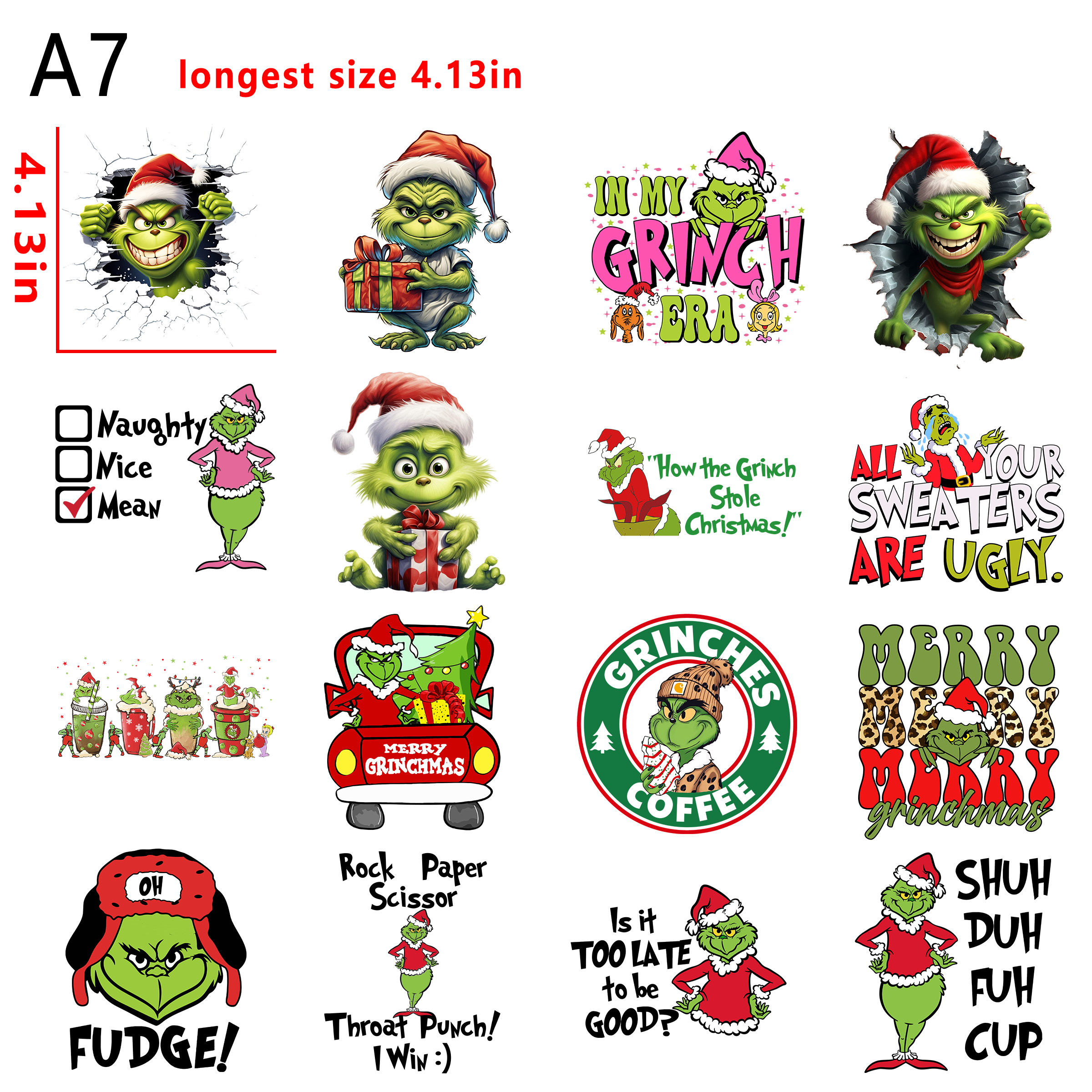 (A30) Naughty Grinch Christmas  bundle DTF heat transfer vinyl for T-shirt hoodies fabrics