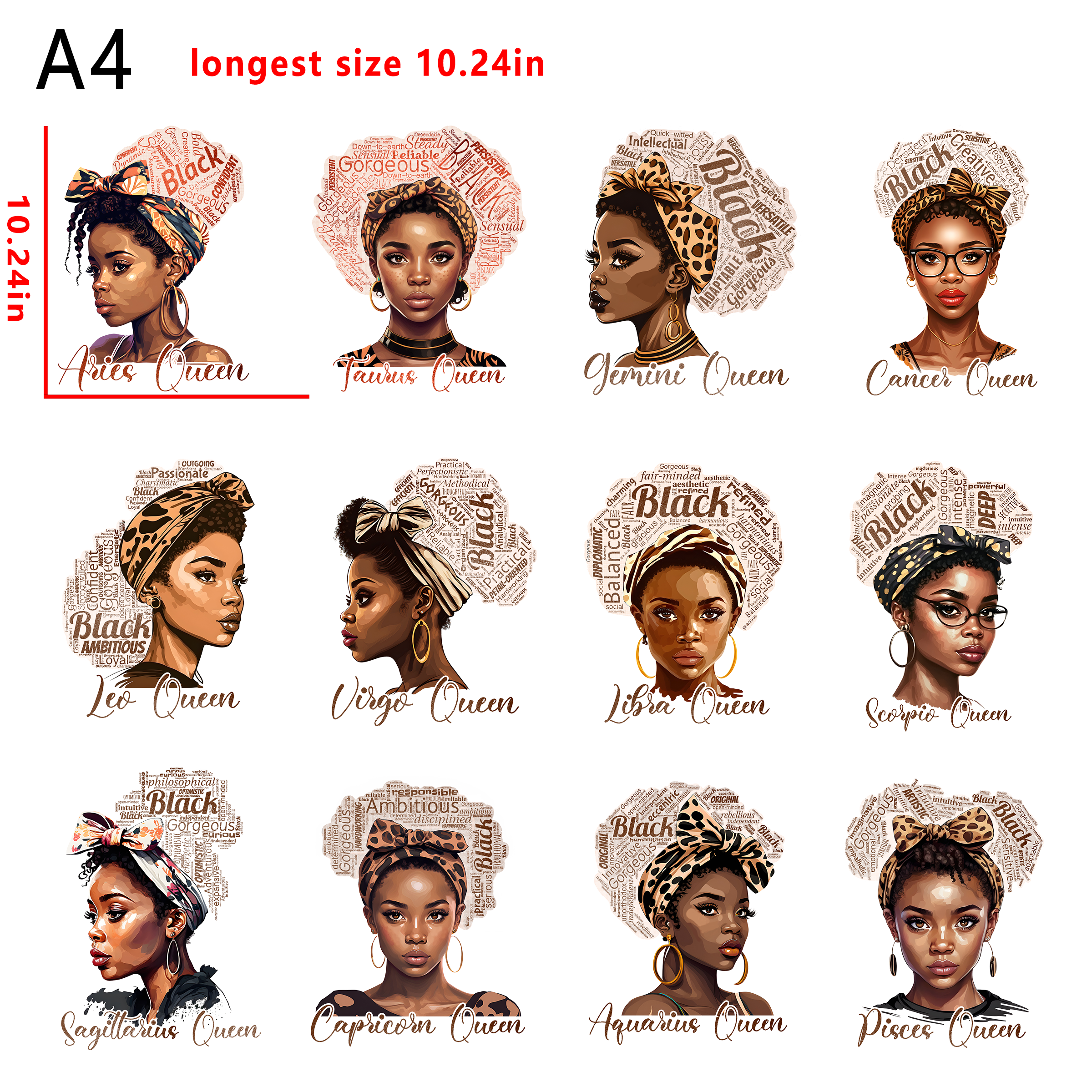 12 PCS  Black women zodiac signs bundle DTF heat transfer vinyl for T-shirt hoodies fabrics