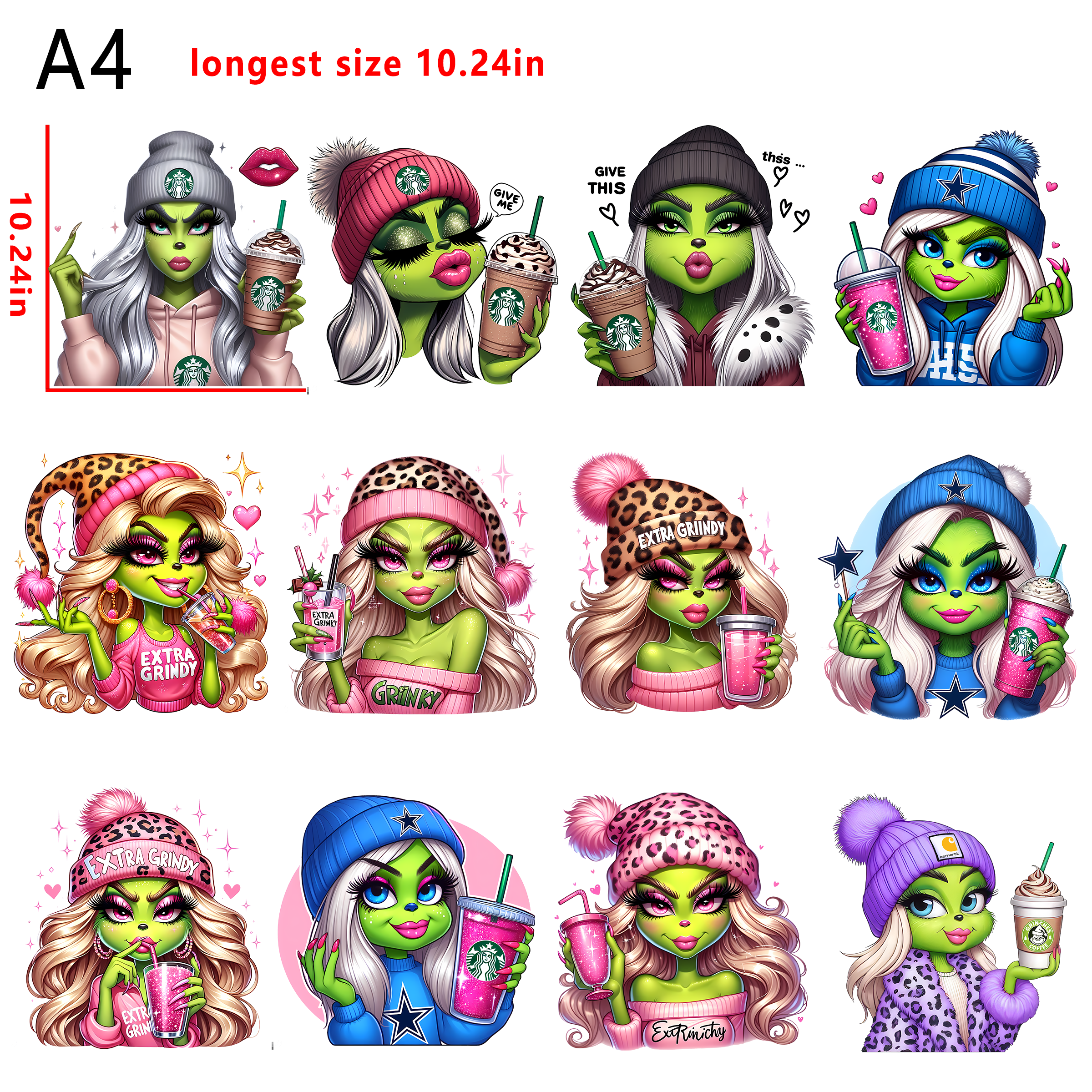 12 PCS Grinch Girl Christmas  bundle DTF heat transfer vinyl for T-shirt hoodies fabrics