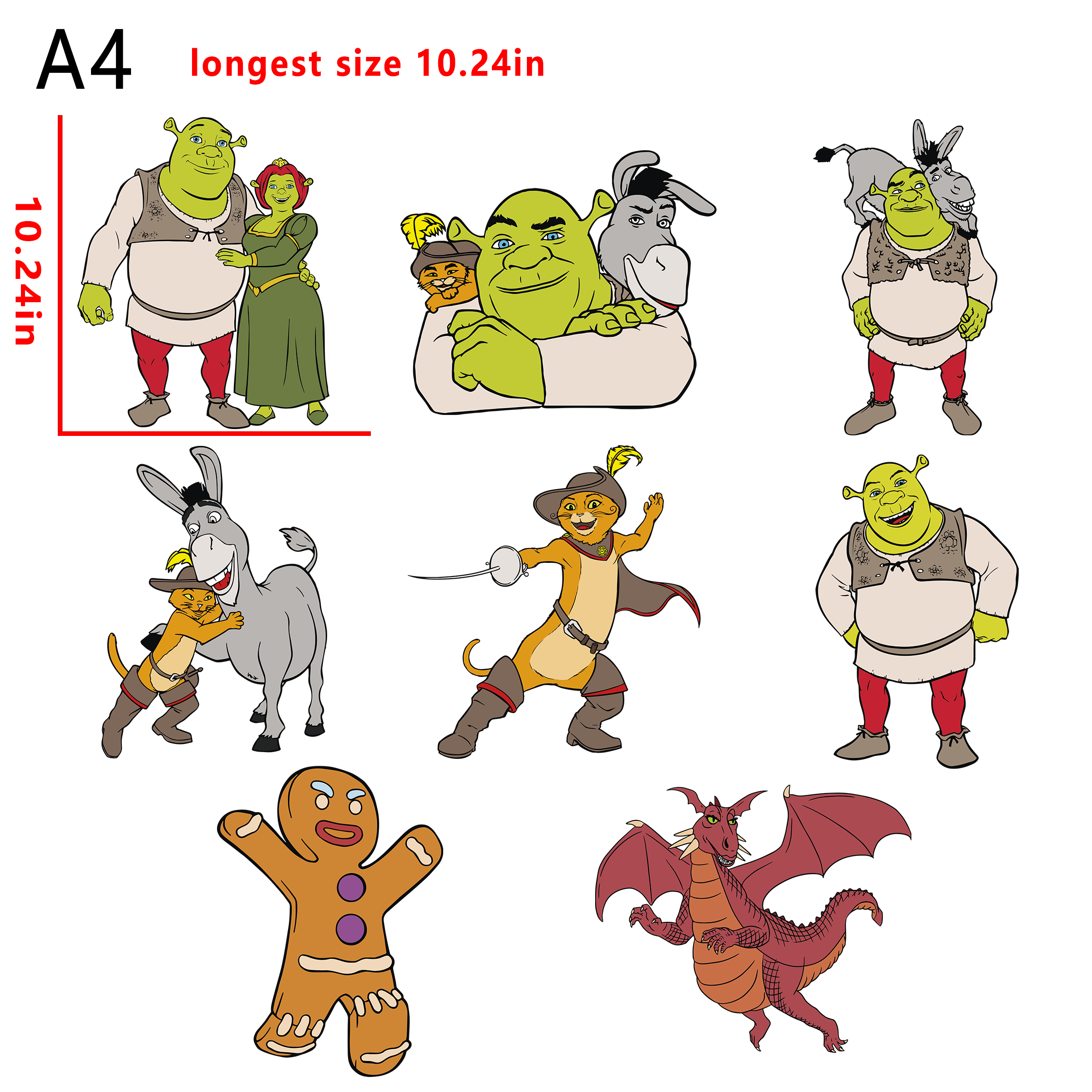 Shrek Cartoon  bundle DTF heat transfer vinyl for T-shirt hoodies fabrics