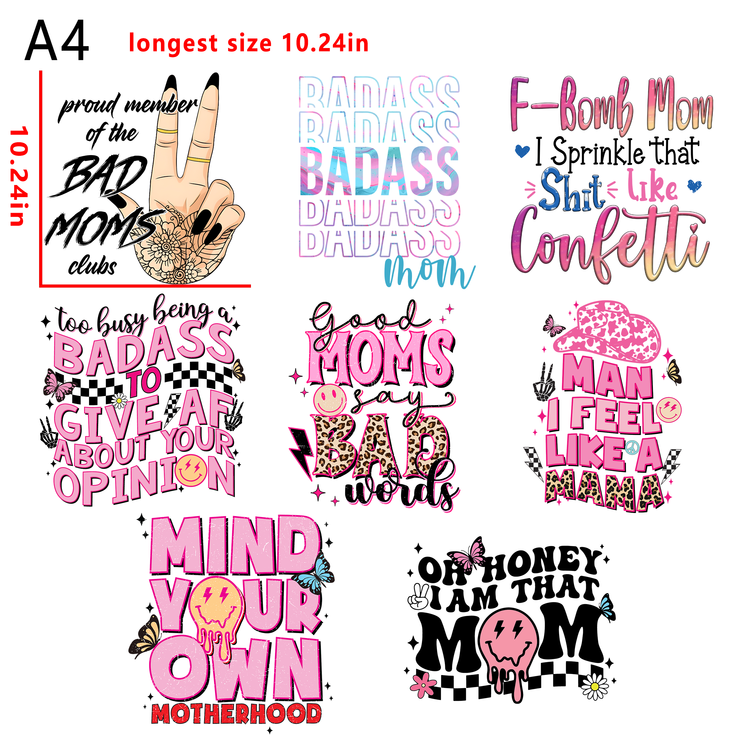Bad mom club sassy quotes bundle DTF heat transfer vinyl for T-shirt hoodies fabrics