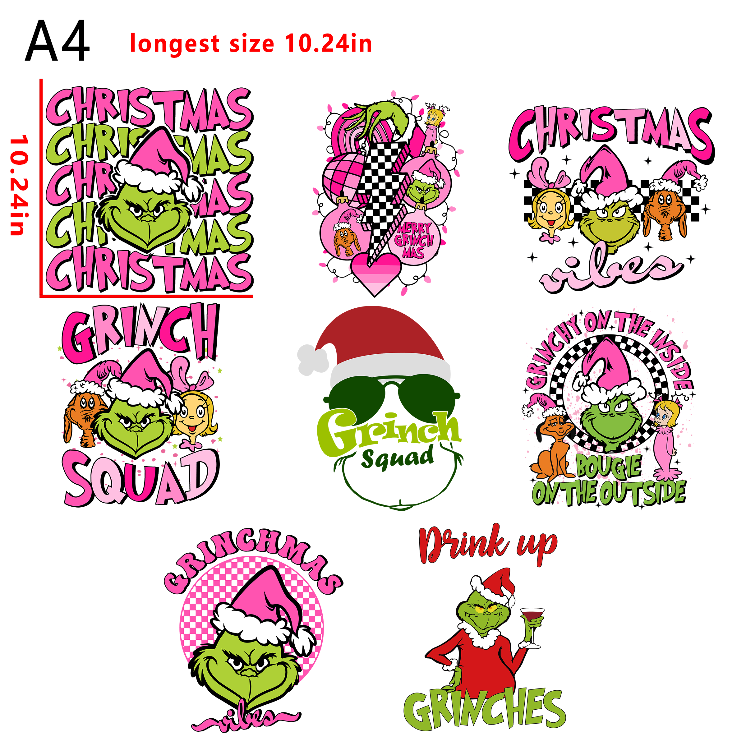 (C8) Pink Grinch Christmas  bundle DTF heat transfer vinyl for T-shirt hoodies fabrics