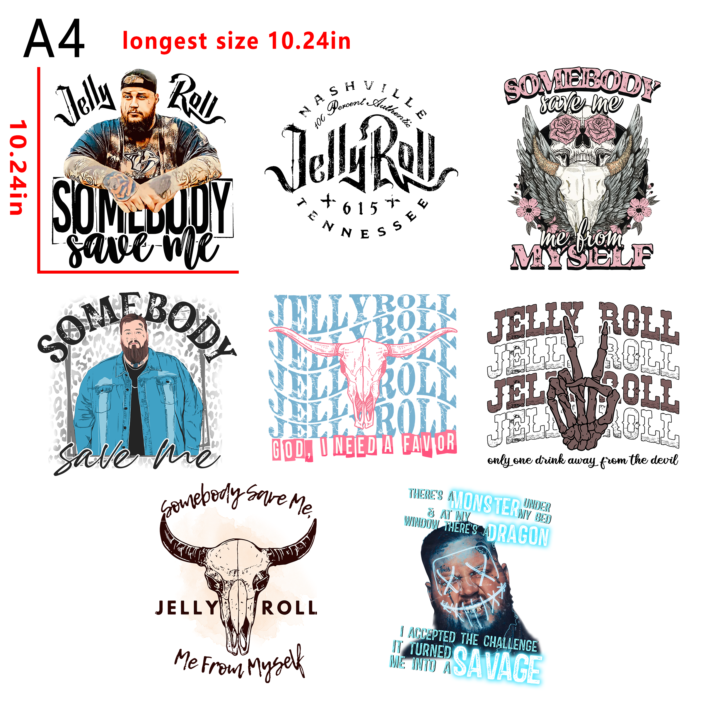 Jelly Roll country music  bundle DTF heat transfer vinyl for T-shirt hoodies fabrics