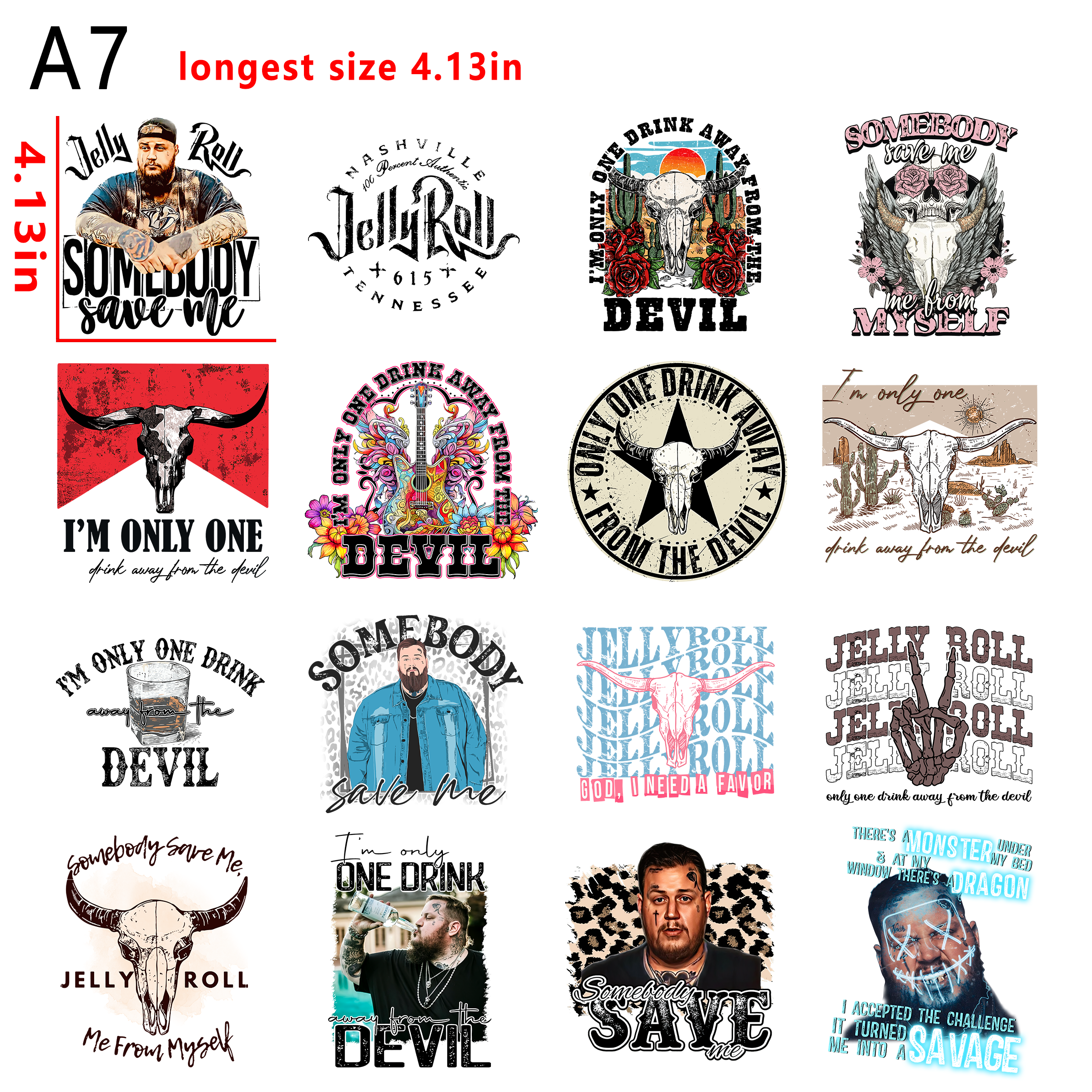 Jelly Roll country music  bundle DTF heat transfer vinyl for T-shirt hoodies fabrics
