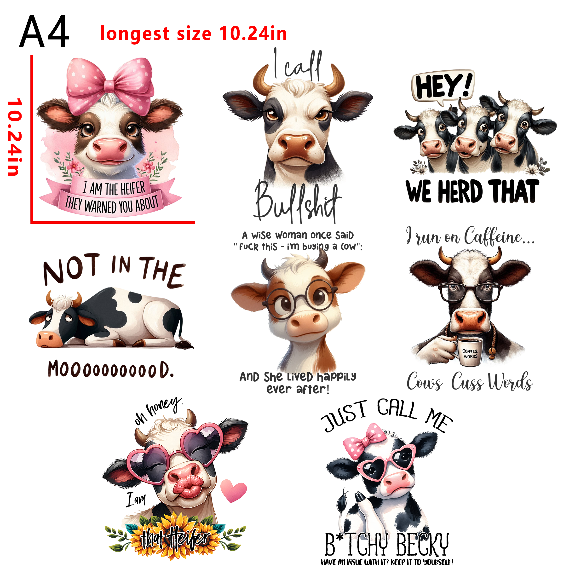 Sarcastic cows funny animal  quotes bundle DTF heat transfer vinyl for T-shirt hoodies fabrics