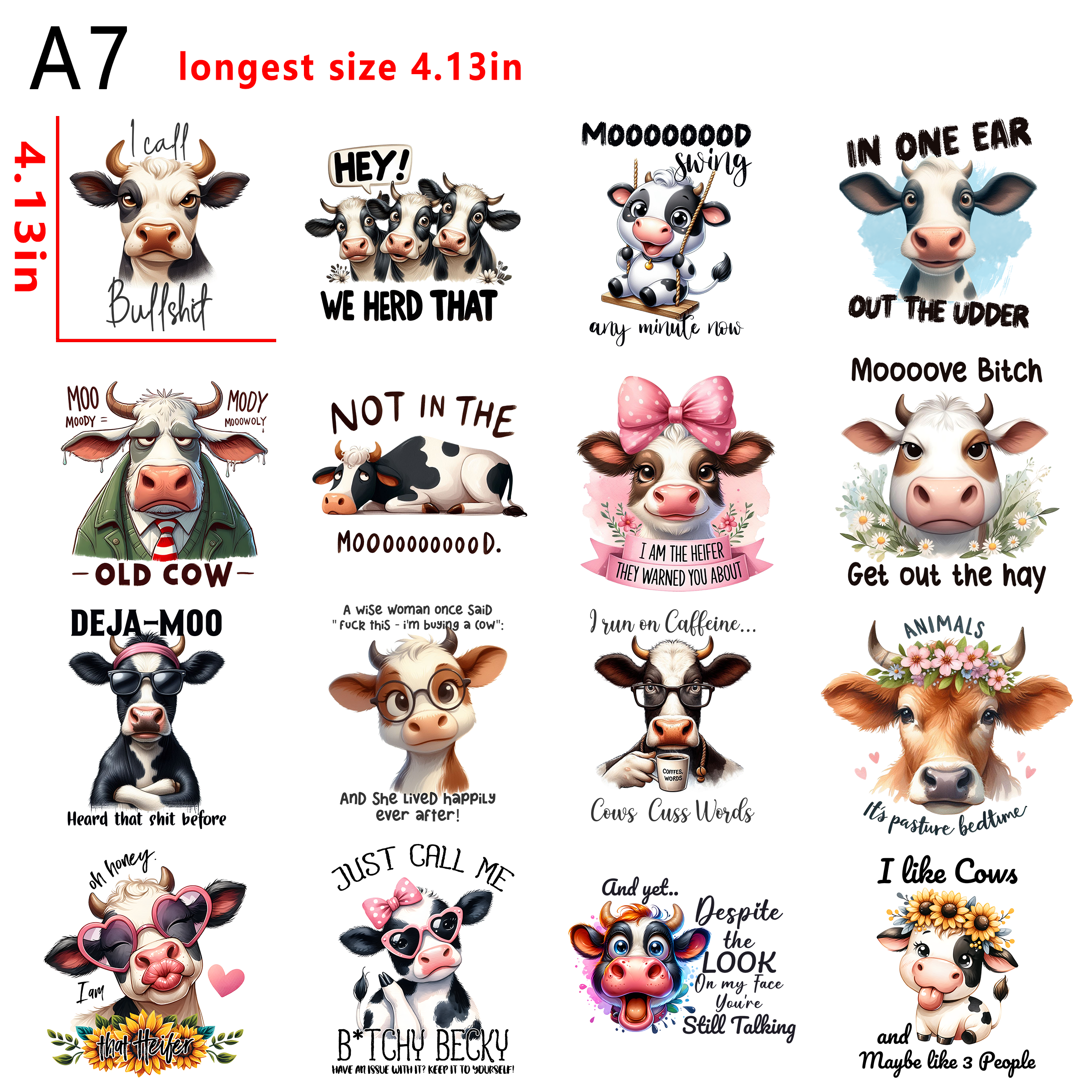 Sarcastic cows funny animal  quotes bundle DTF heat transfer vinyl for T-shirt hoodies fabrics