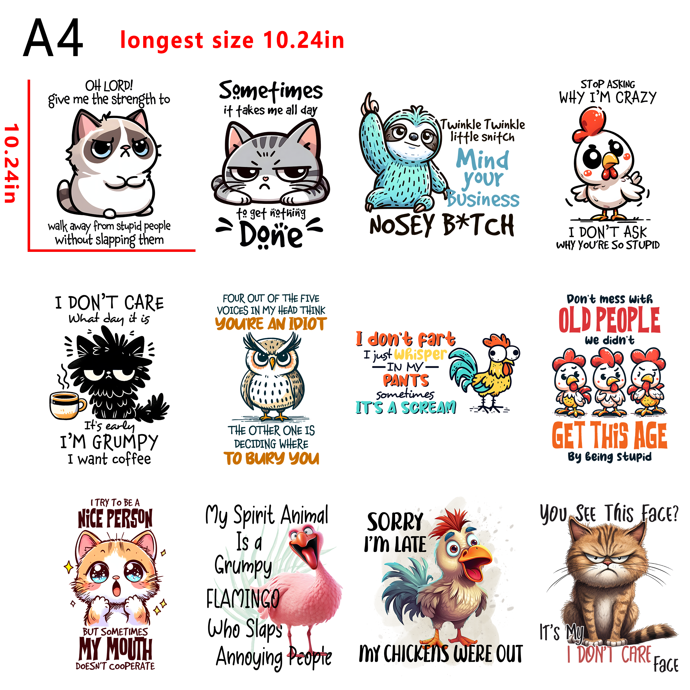 12PCS Funny animals  bundle DTF heat transfer vinyl for T-shirt hoodies fabrics