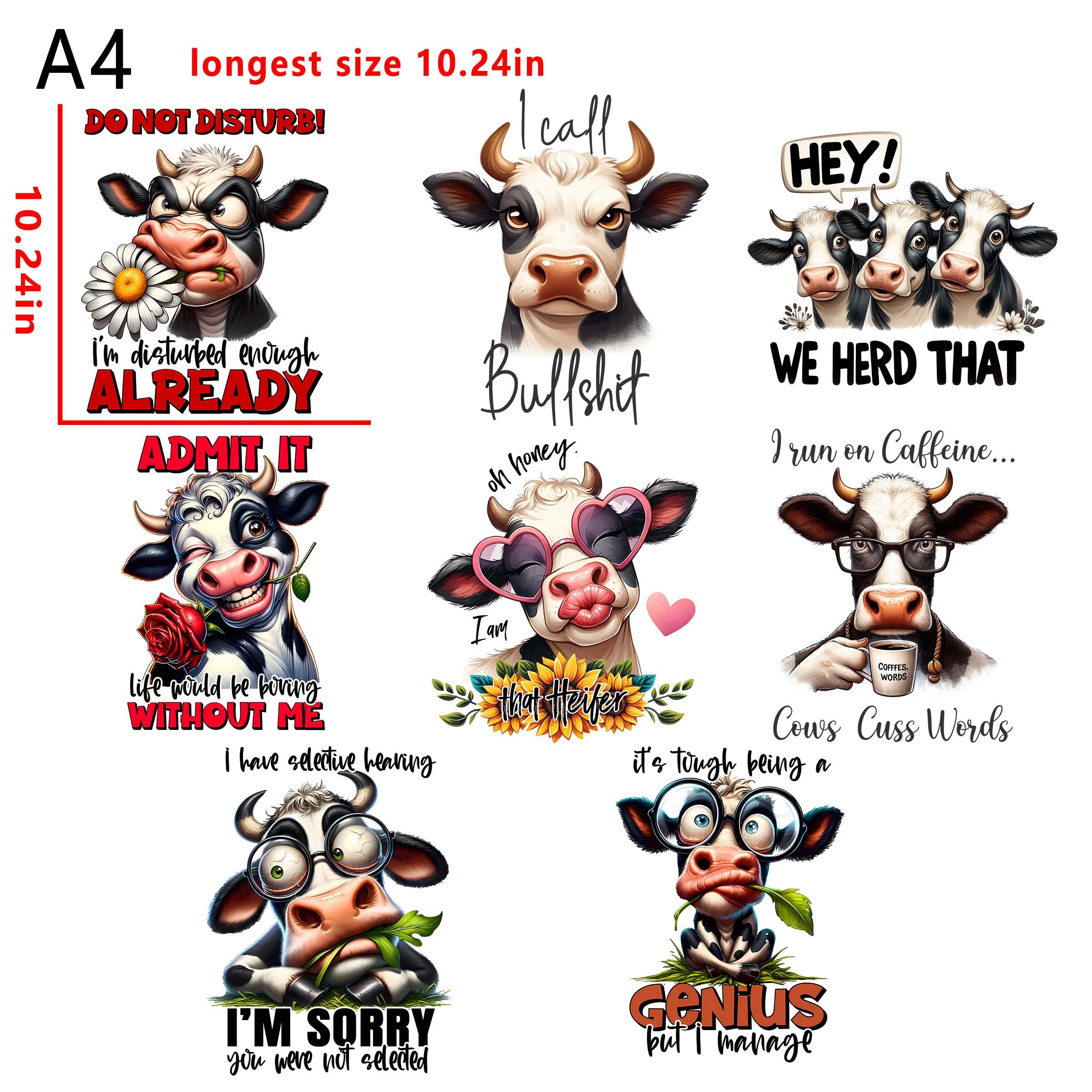 (D50)Sarcastic cows baby cow funny animal  quotes bundle DTF heat transfer vinyl for T-shirt hoodies fabrics whole sale