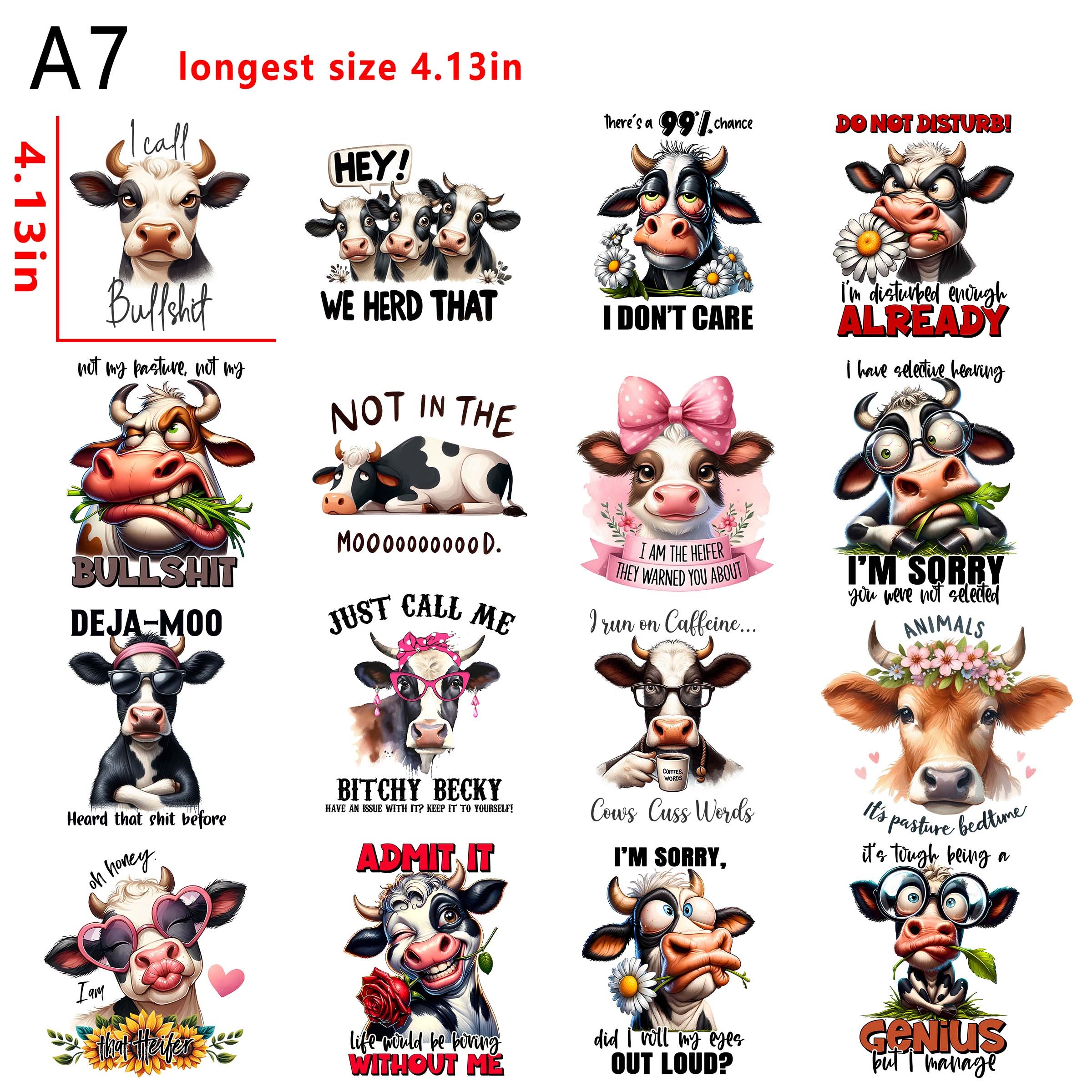(D50)Sarcastic cows baby cow funny animal  quotes bundle DTF heat transfer vinyl for T-shirt hoodies fabrics whole sale