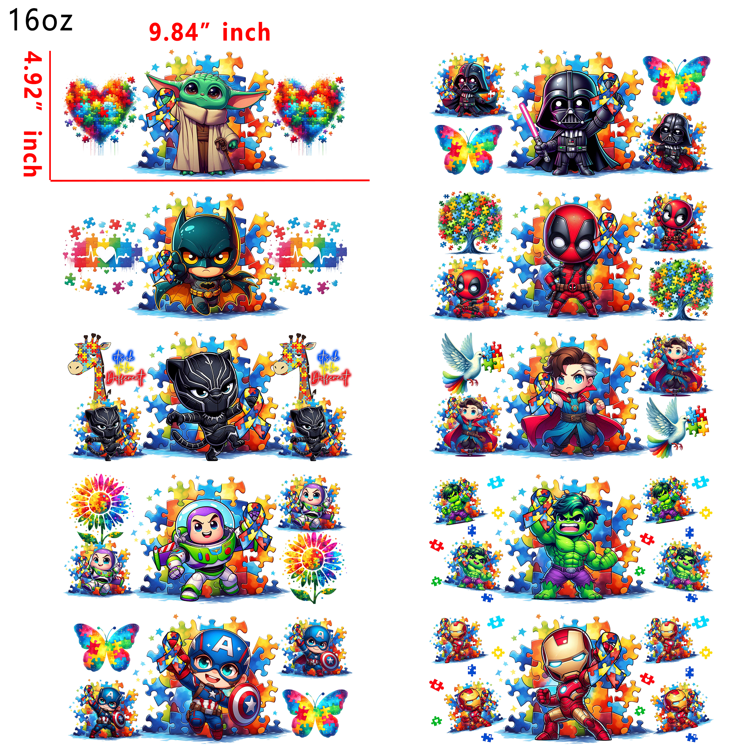 10 PCS Autism Star War Marvel Movie UV DTF Cup wraps 16OZ tumbler water proof