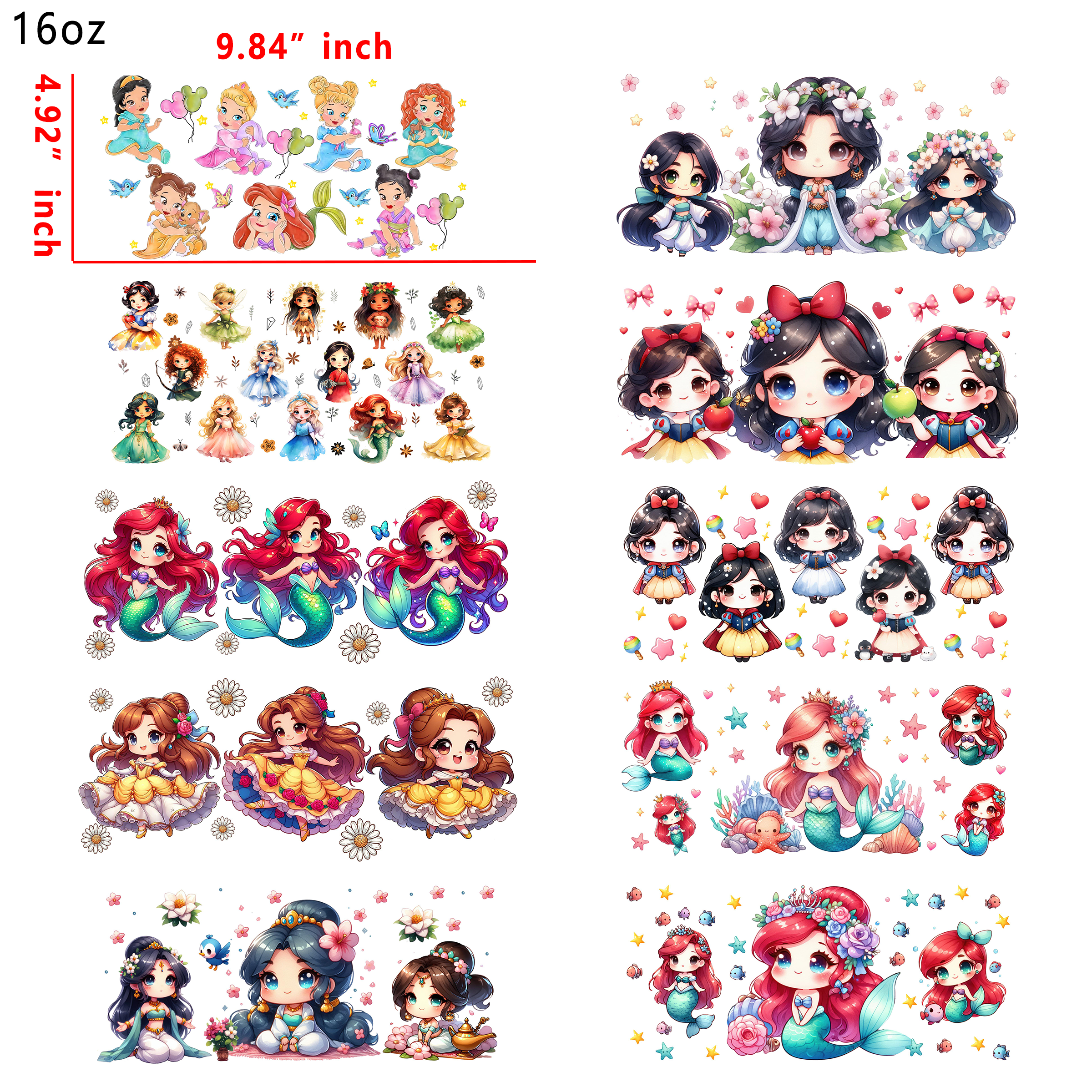 10 PCS Baby Princess  Disney mixed UV DTF Cup wraps 16OZ tumbler water proof