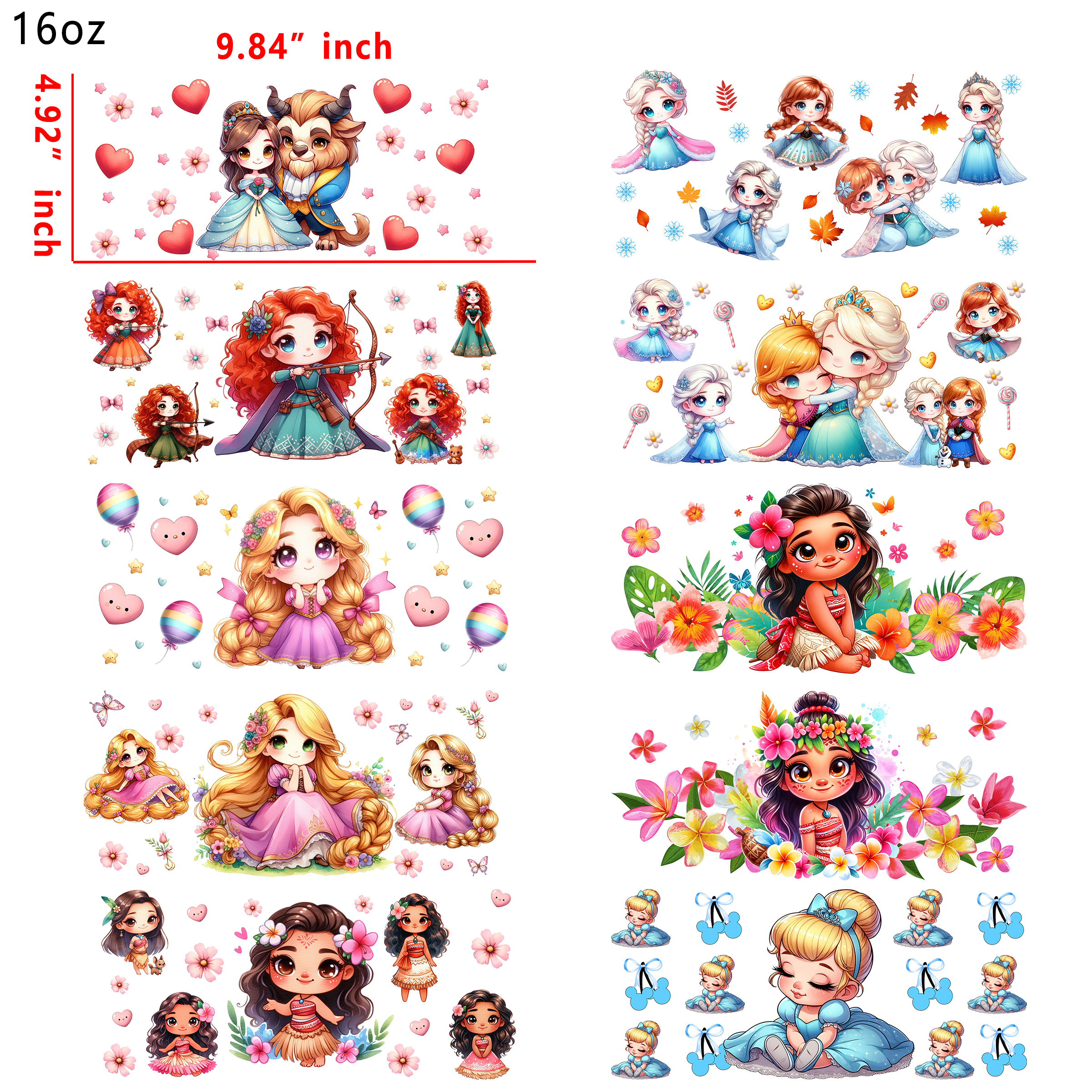 10 PCS Baby Princess  Disney mixed UV DTF Cup wraps 16OZ tumbler water proof