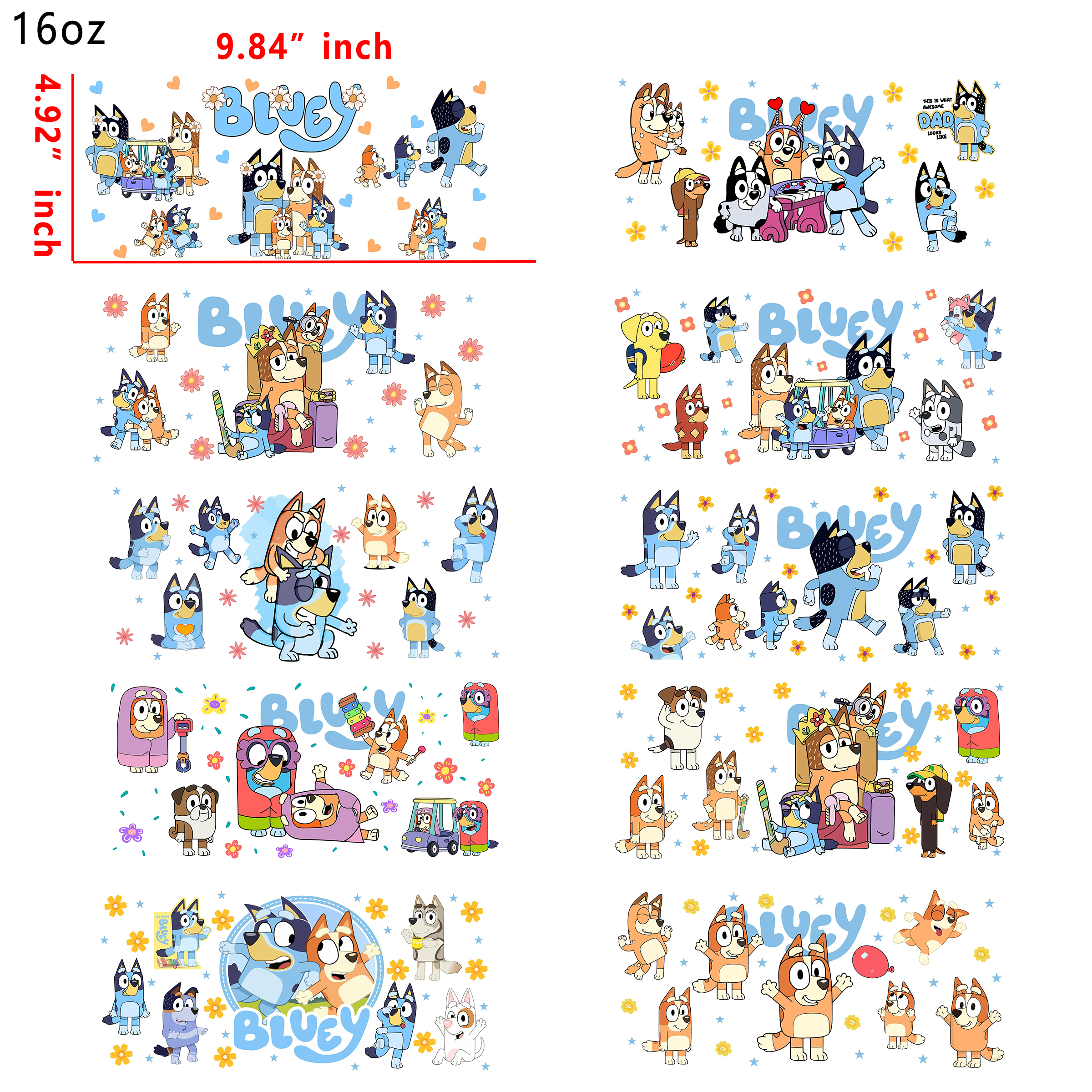 20 PCS Bluey Dog Cartoon UV DTF Cup wraps 16OZ tumbler water proof