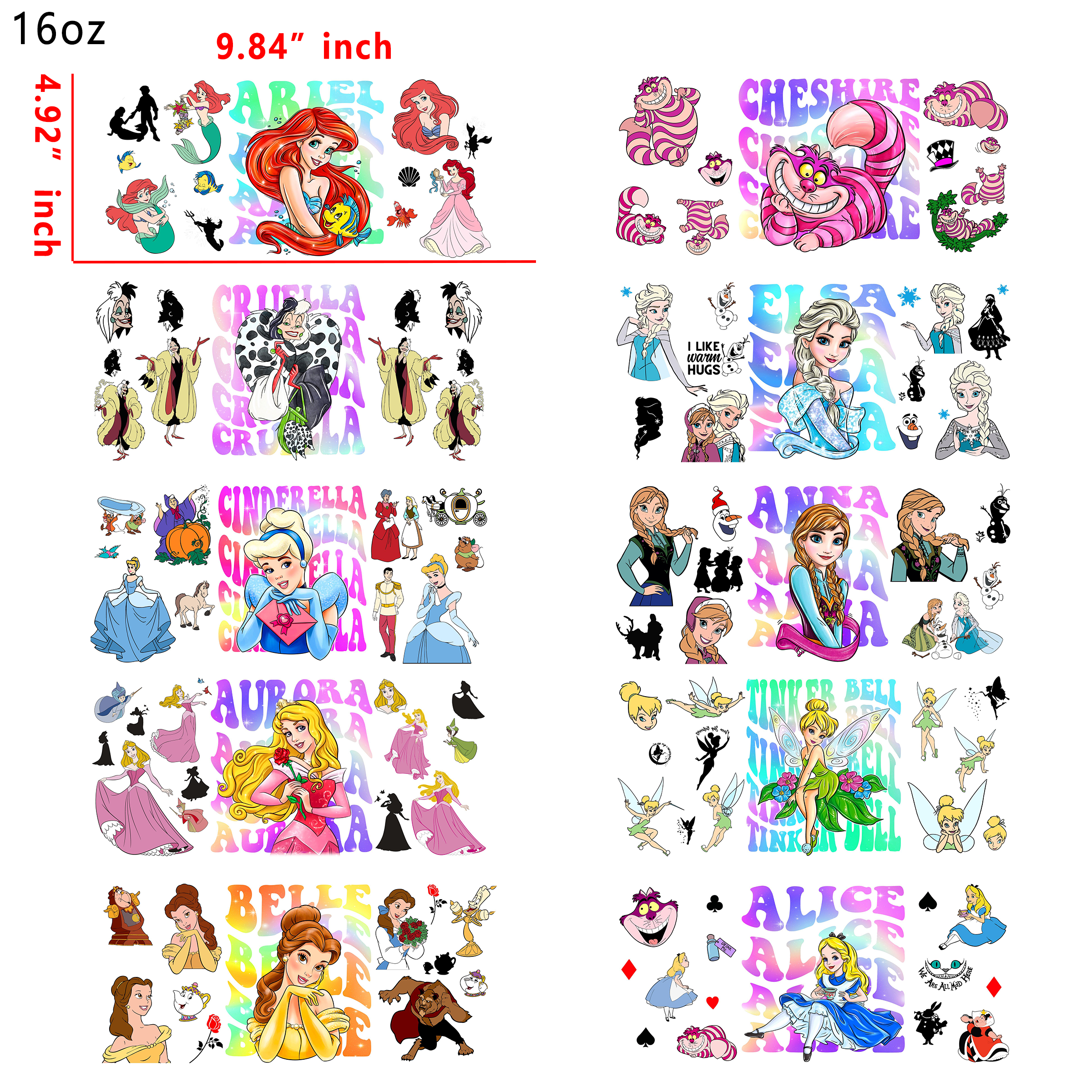 20 PCS Disney Princess Villains UV DTF Cup wraps 16OZ tumbler water proof