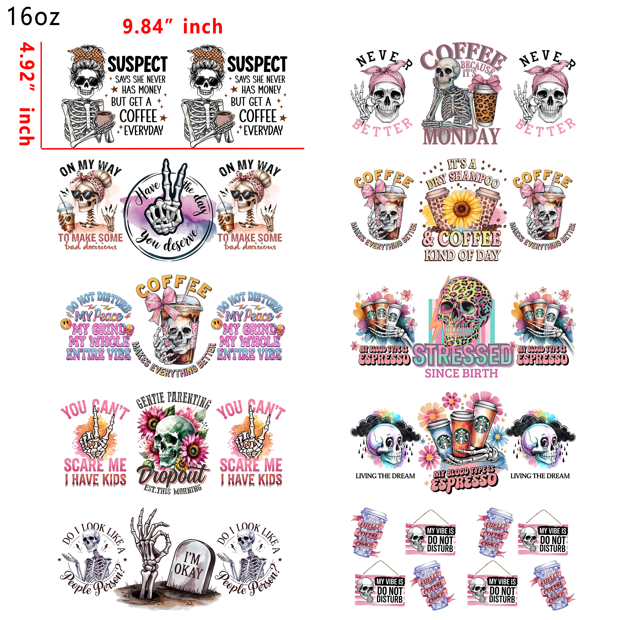 20 PCS Skeleton Gothic Quotes UV DTF Cup wraps 16OZ tumbler water proof