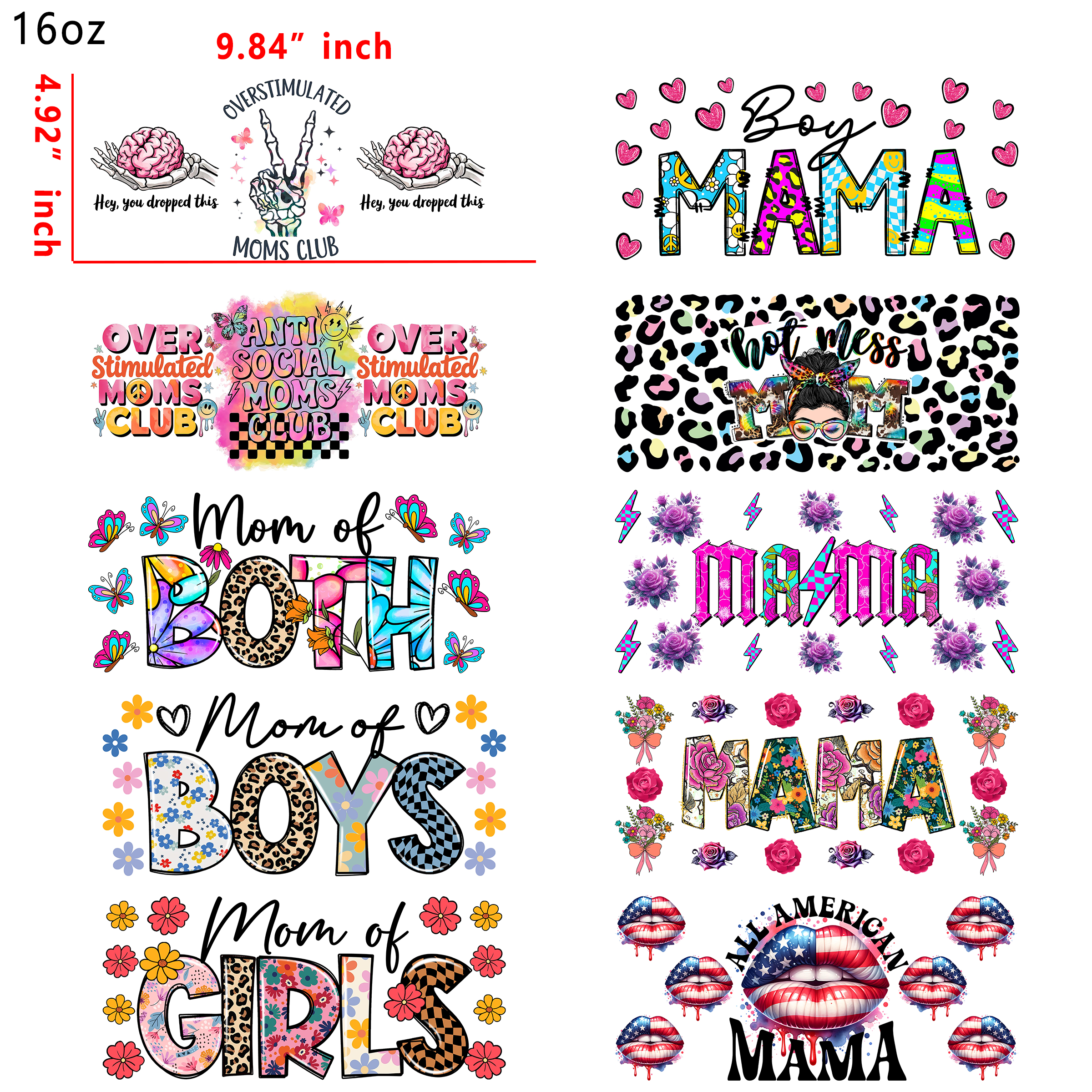 20 PCS Bad Mom Mama UV DTF Cup wraps 16OZ tumbler water proof