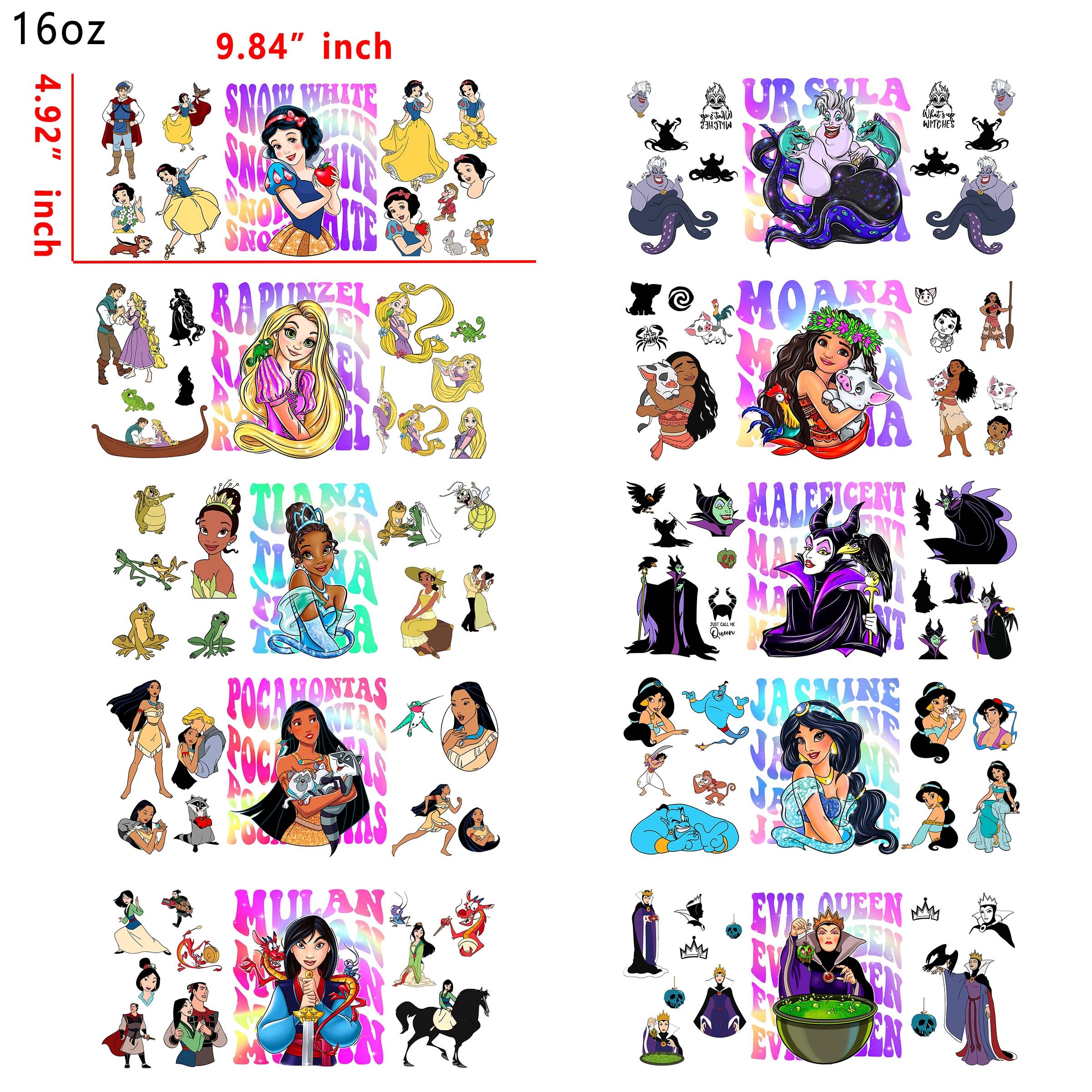 20 PCS Disney Princess Villains UV DTF Cup wraps 16OZ tumbler water proof
