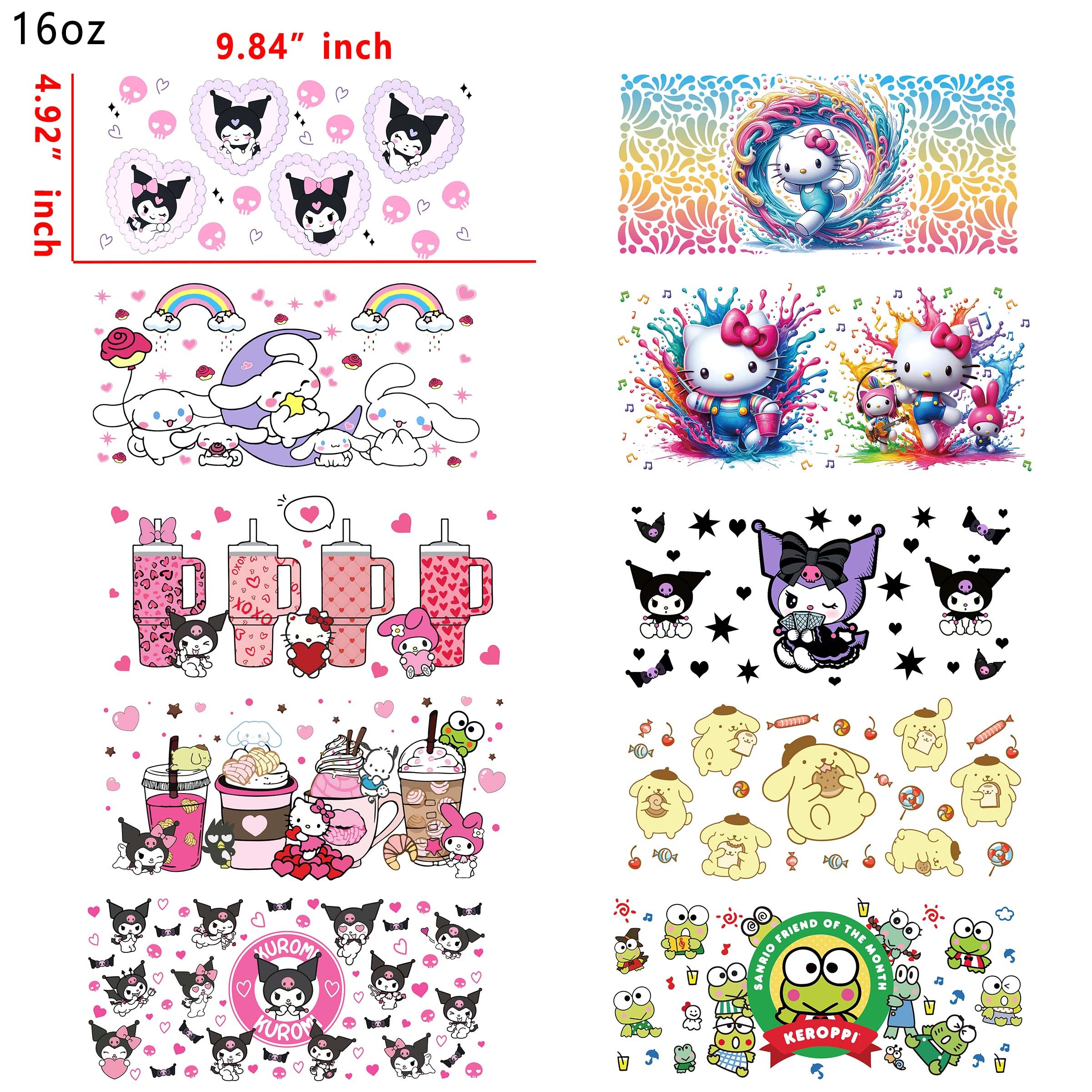 20 PCS Hello Kitty Kuromi Sanrio  Mixed UV DTF Cup wraps 16OZ tumbler water proof